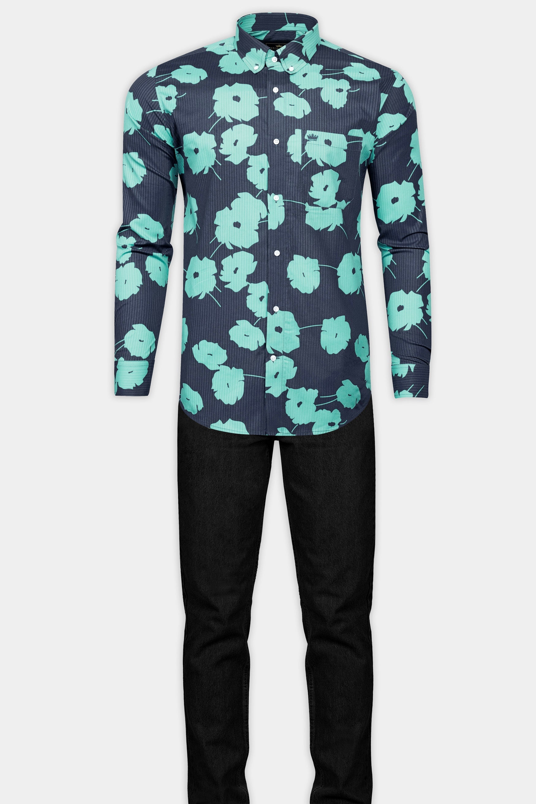 Fiord Blue with Tiffany Blue Flower Printed chambray denim shirt