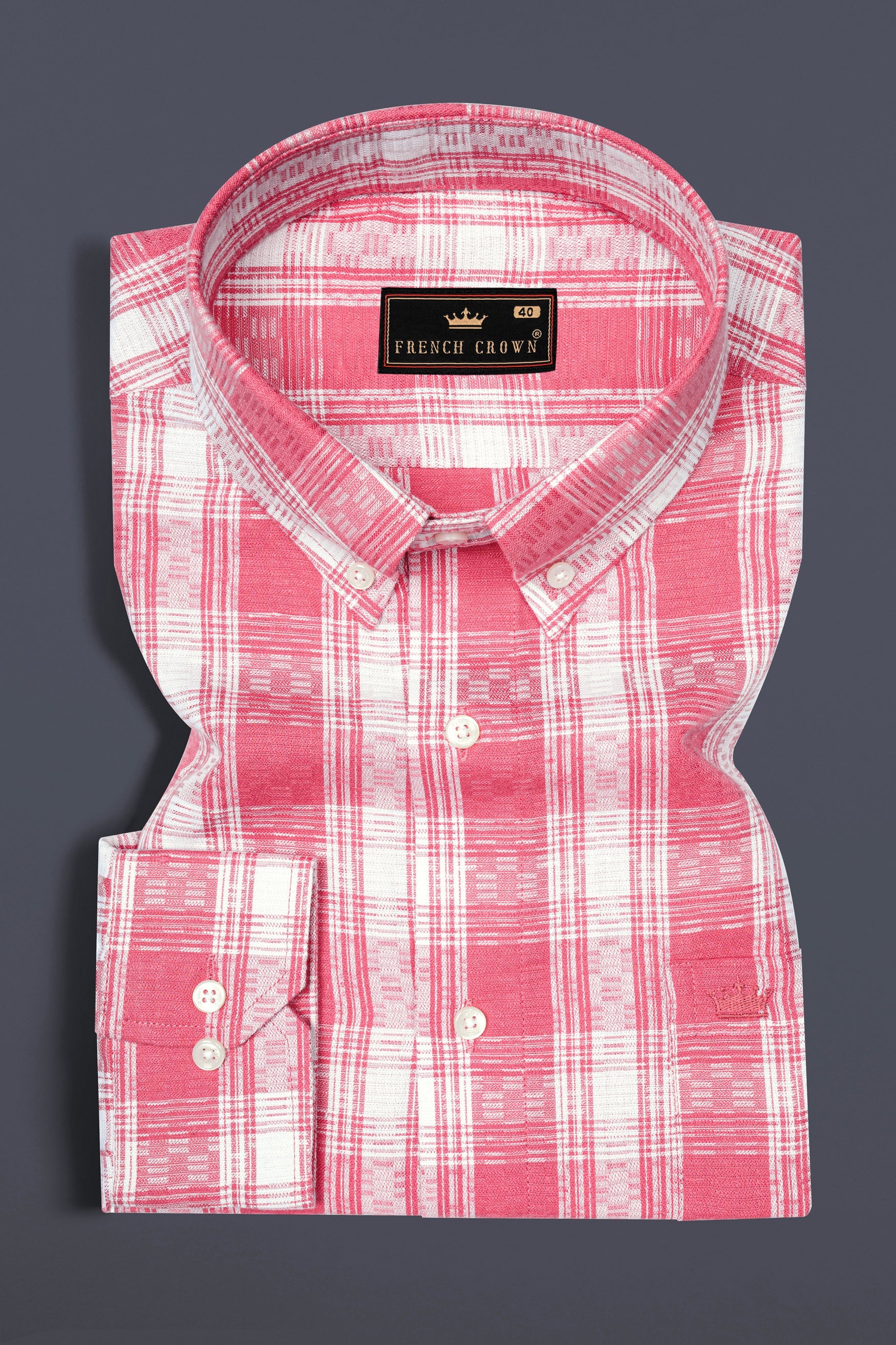 Rosy Pink and White Checks Plaid Dobby Textured Premium Giza Cotton Shirt