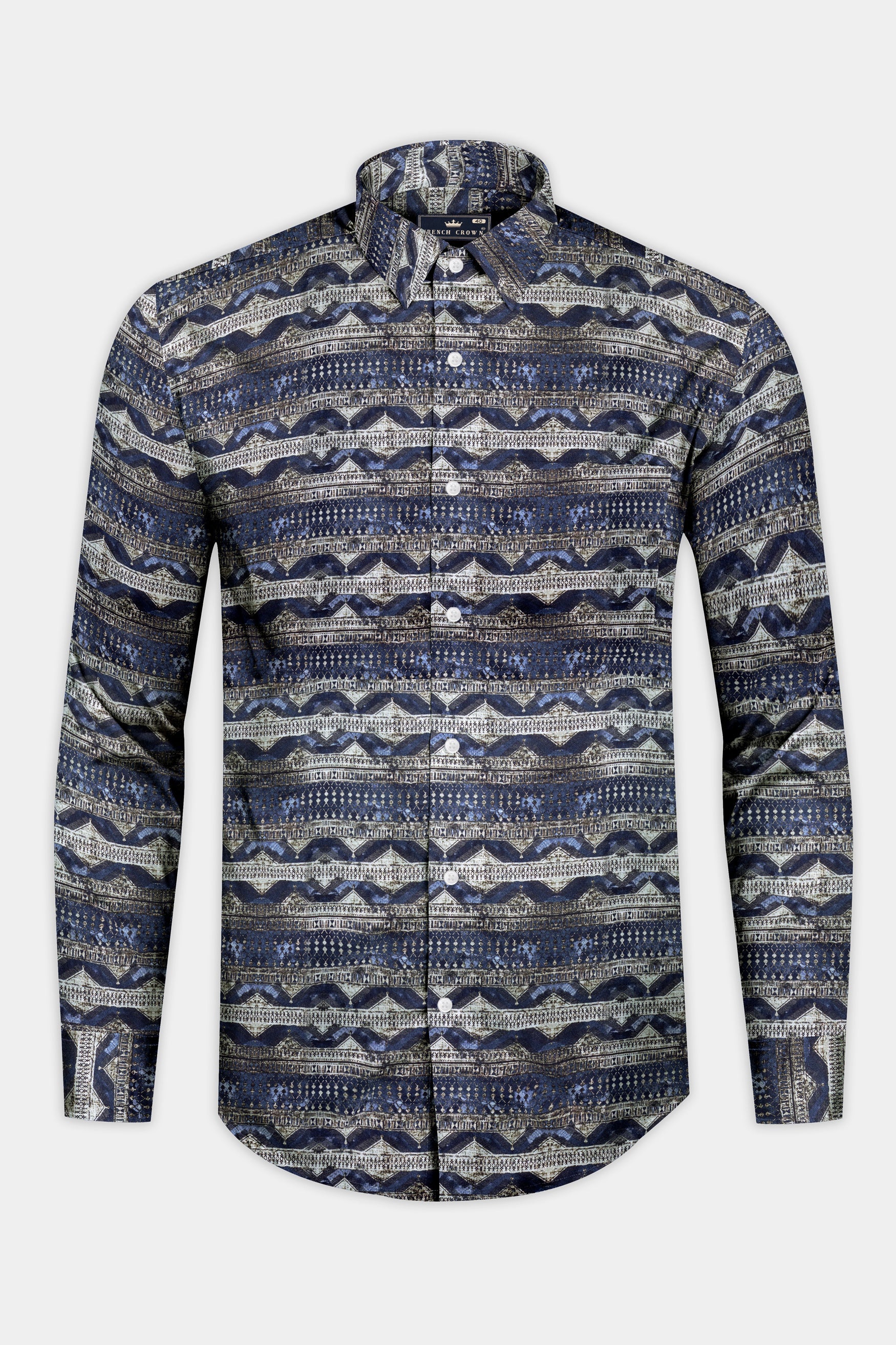 Space Blue and Westar Gray Tribal Printed Subtle Sheen Super Soft Premium Cotton Shirt