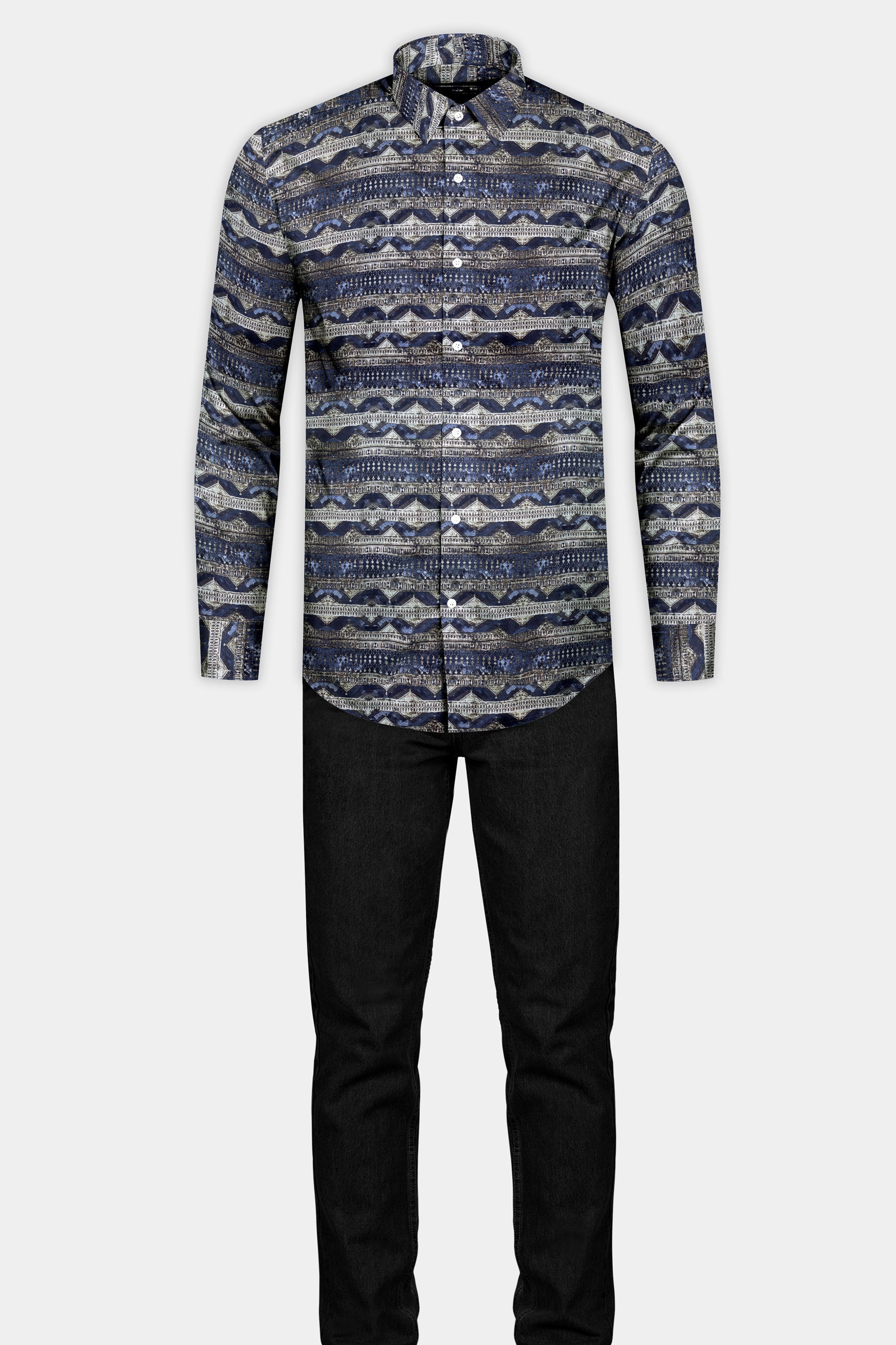 Space Blue and Westar Gray Tribal Printed Subtle Sheen Super Soft Premium Cotton Shirt