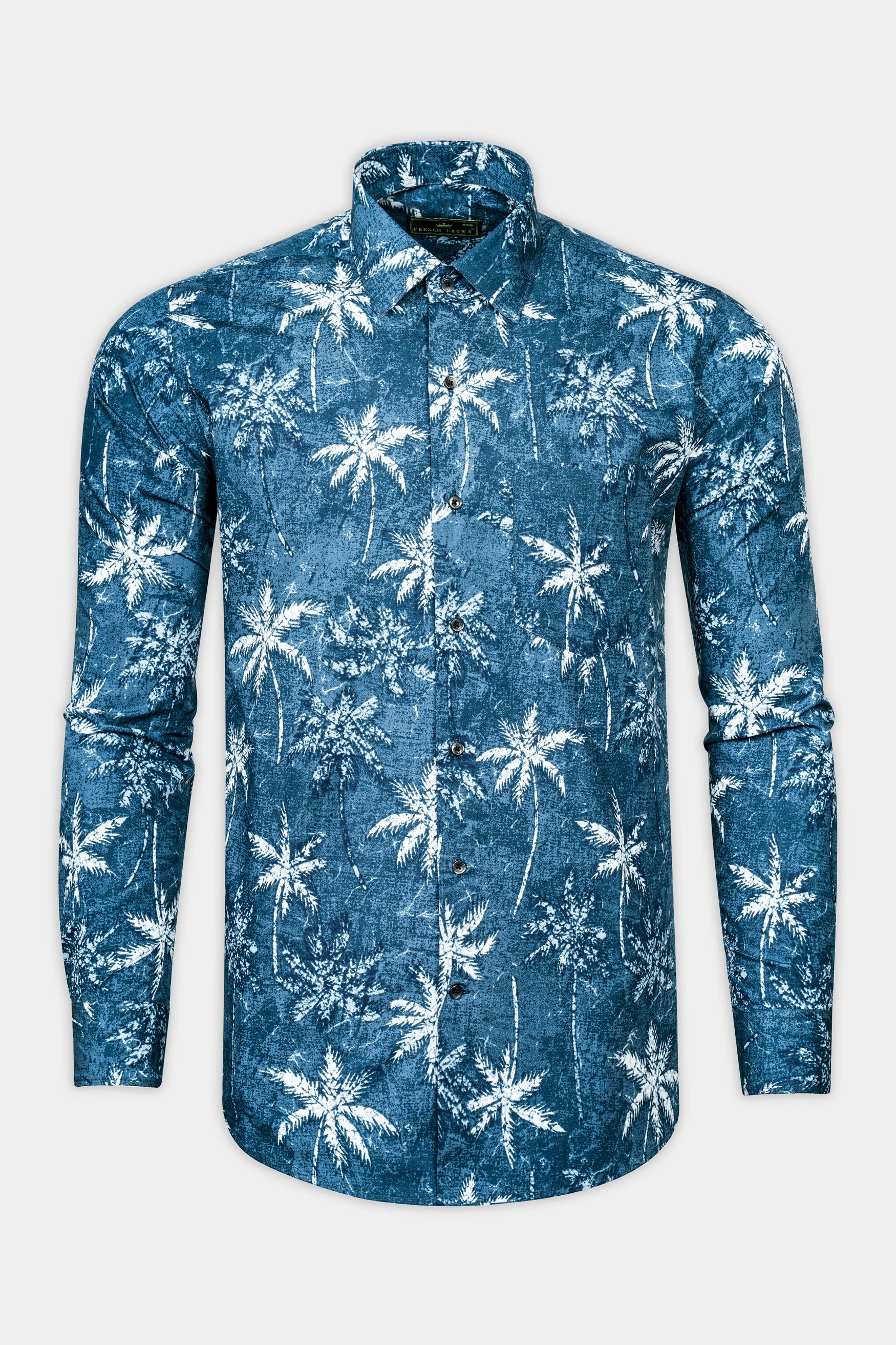 Calypso Blue with White Coconut Tree Printed Poplin Giza Cotton Shirt