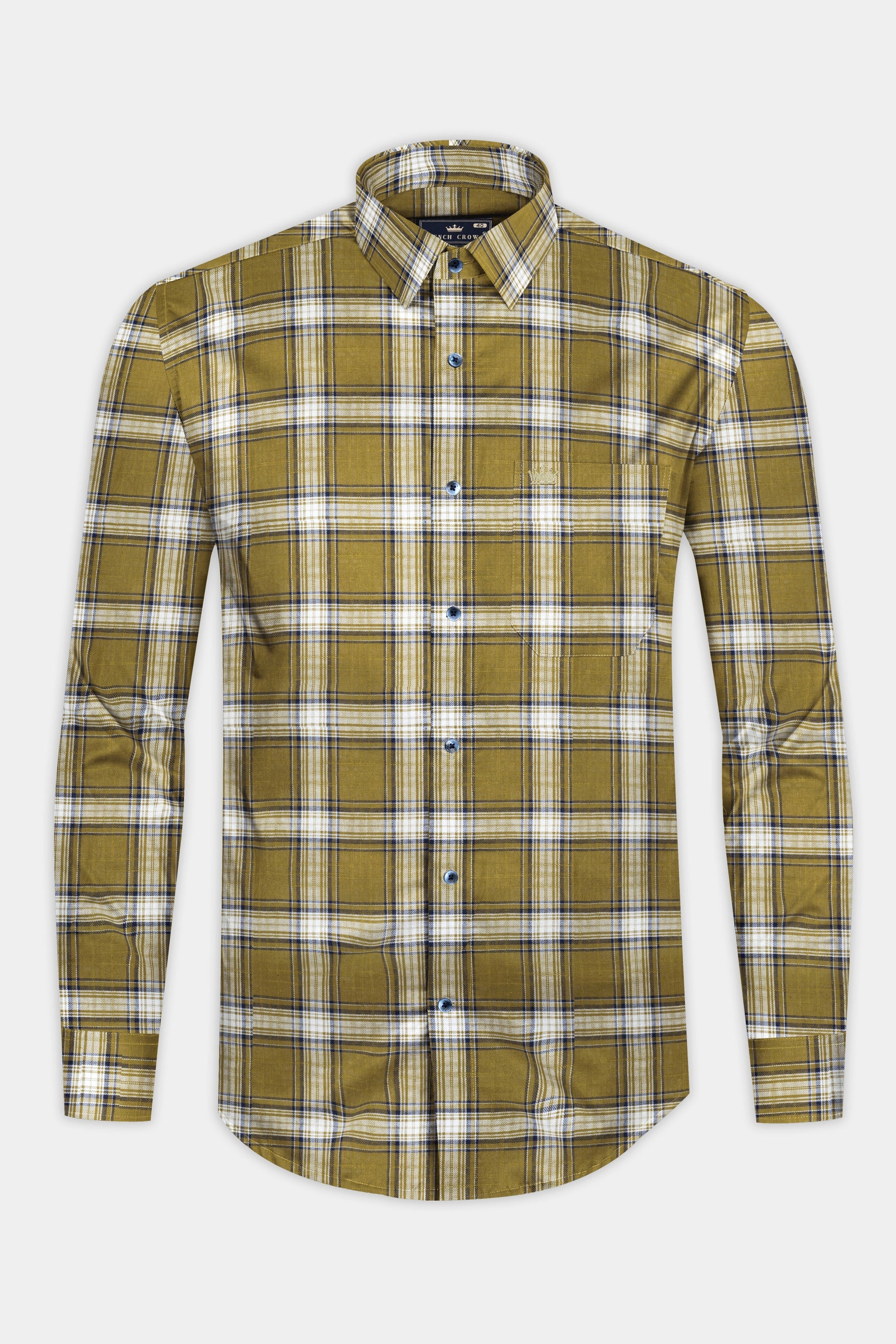 Sycamore Olive with Mirage Blue and Mercury White Plaid Twill Premium Cotton Shirt