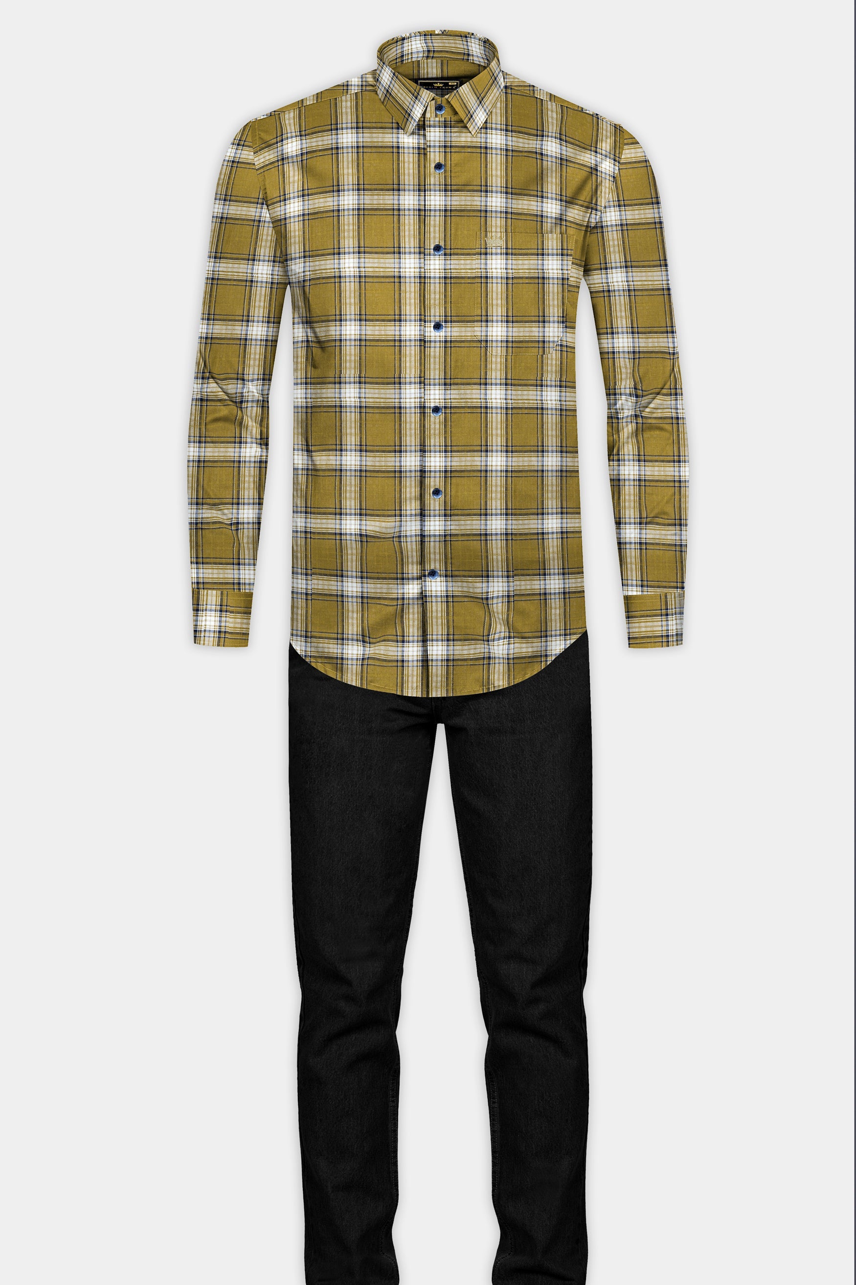 Sycamore Olive with Mirage Blue and Mercury White Plaid Twill Premium Cotton Shirt