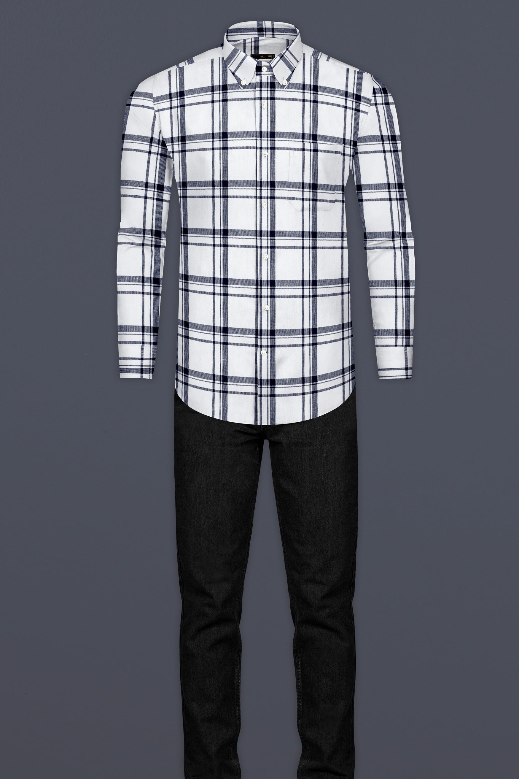 Bright White with Jaguar Dark Blue Plaid Flannel Shirt