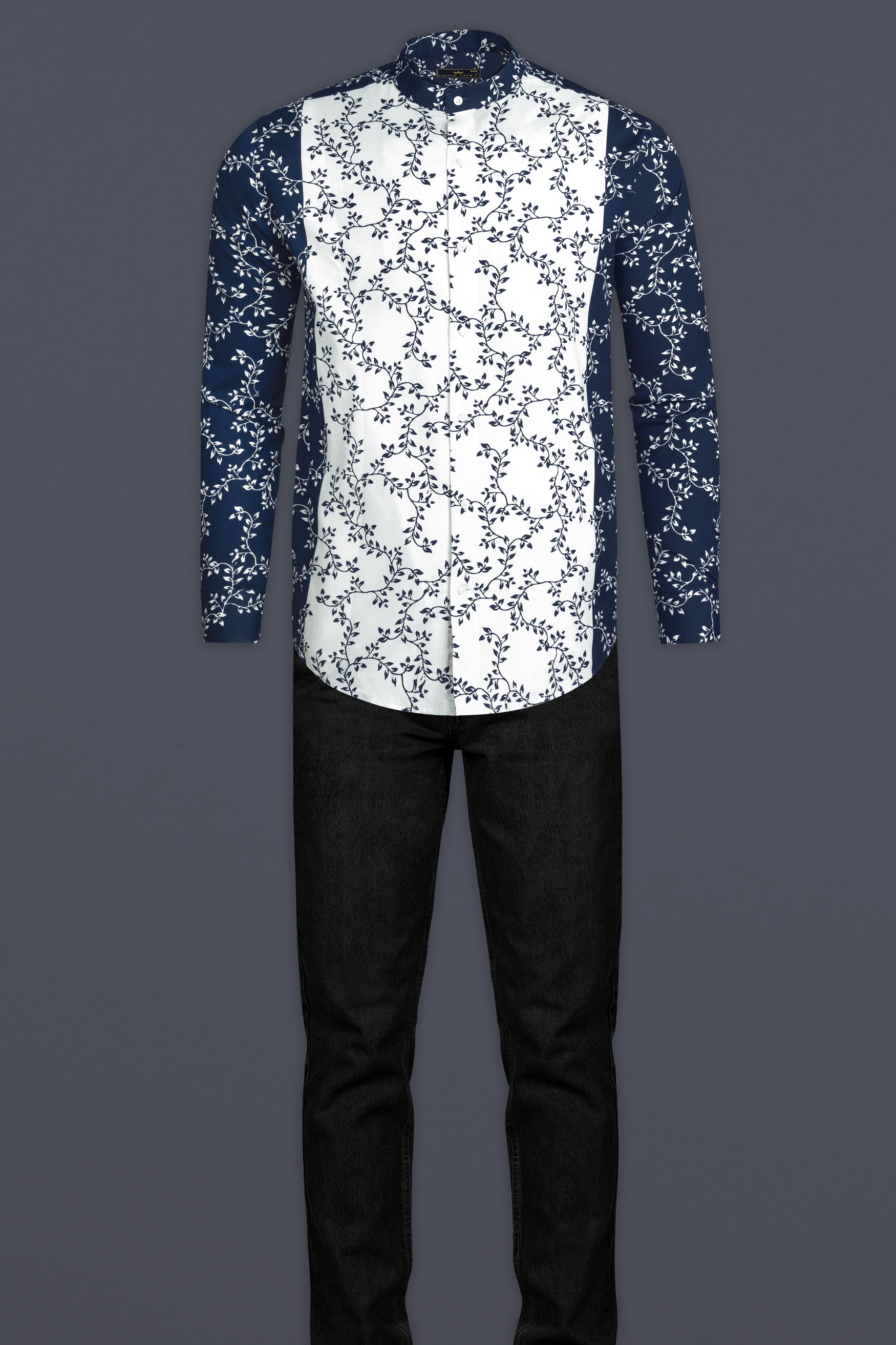 Bright White and Mirage Blue Leaves Printed Poplin Giza Cotton Shirt