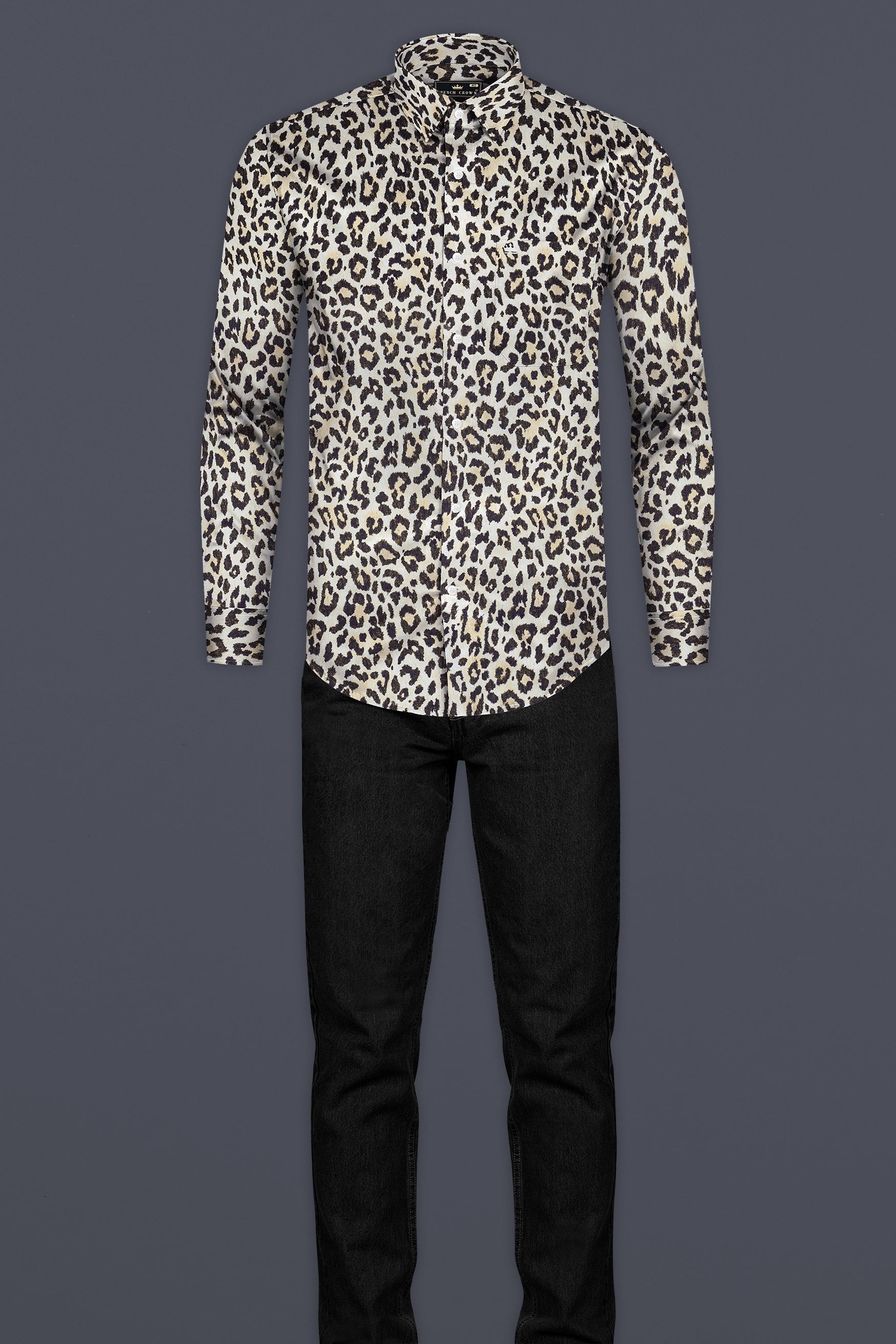 Grain Brown with Shark Brown Leopard Printed Poplin Giza Cotton Shirt
