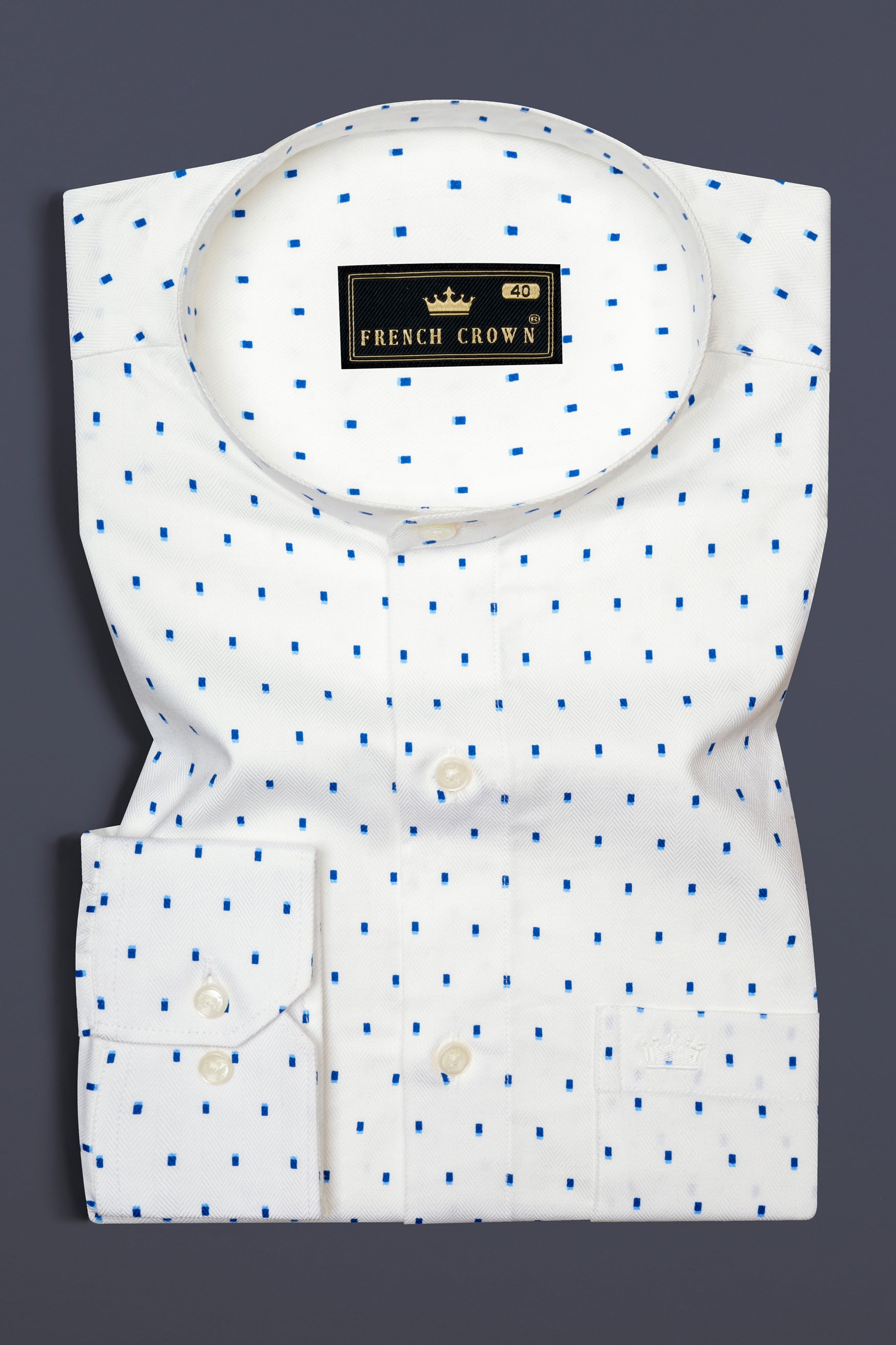 Bright White with French Blue Printed Herringbone Shirt
