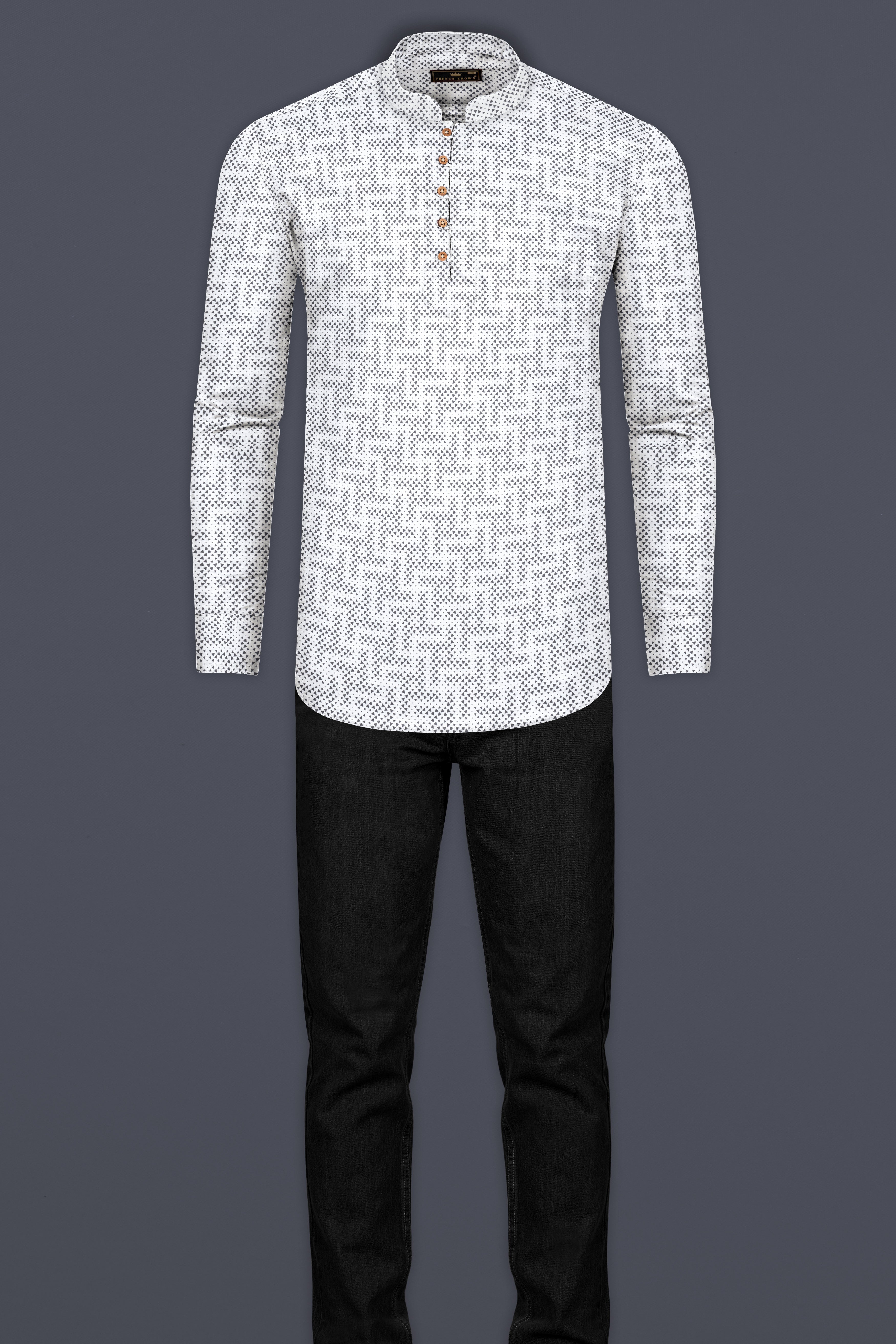 Bright White with Black Triangles Printed Super Soft Premium Cotton Kurta Shirt