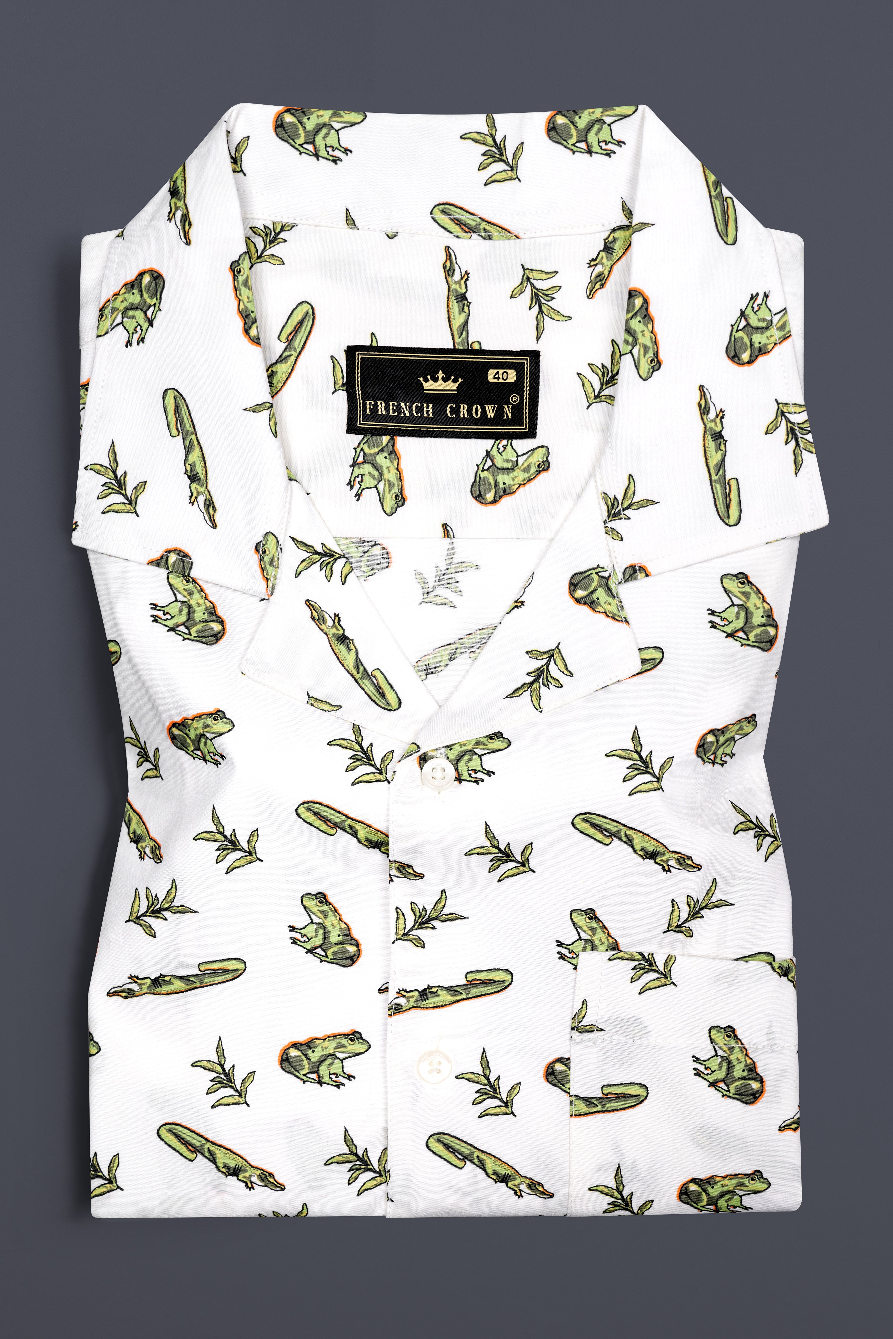 Bright White with Sage Green Frogs and Crocodiles Printed Poplin Cotton Shirt