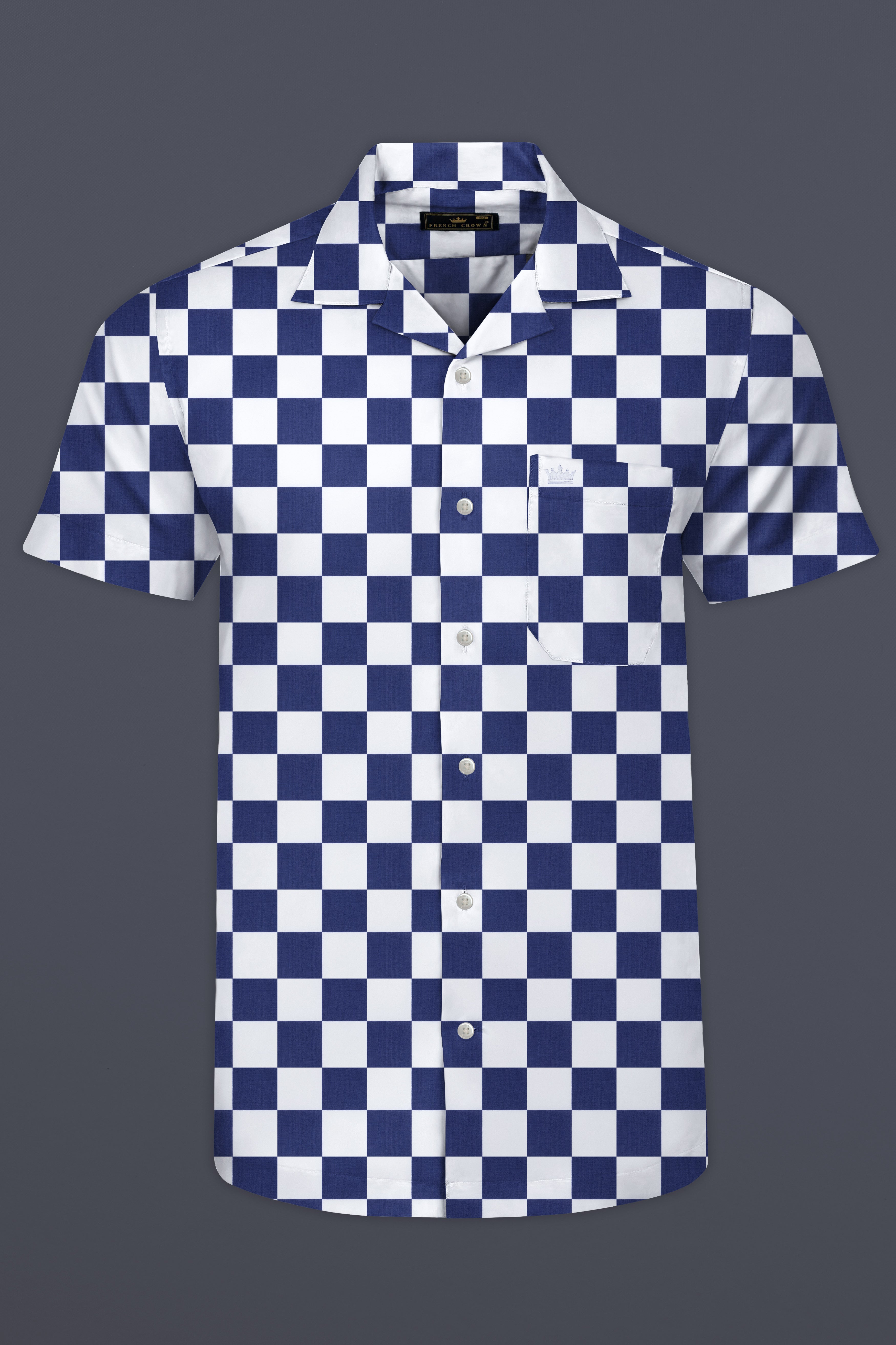 Bunting Blue with White Chess Board Printed Poplin Cotton Shirt