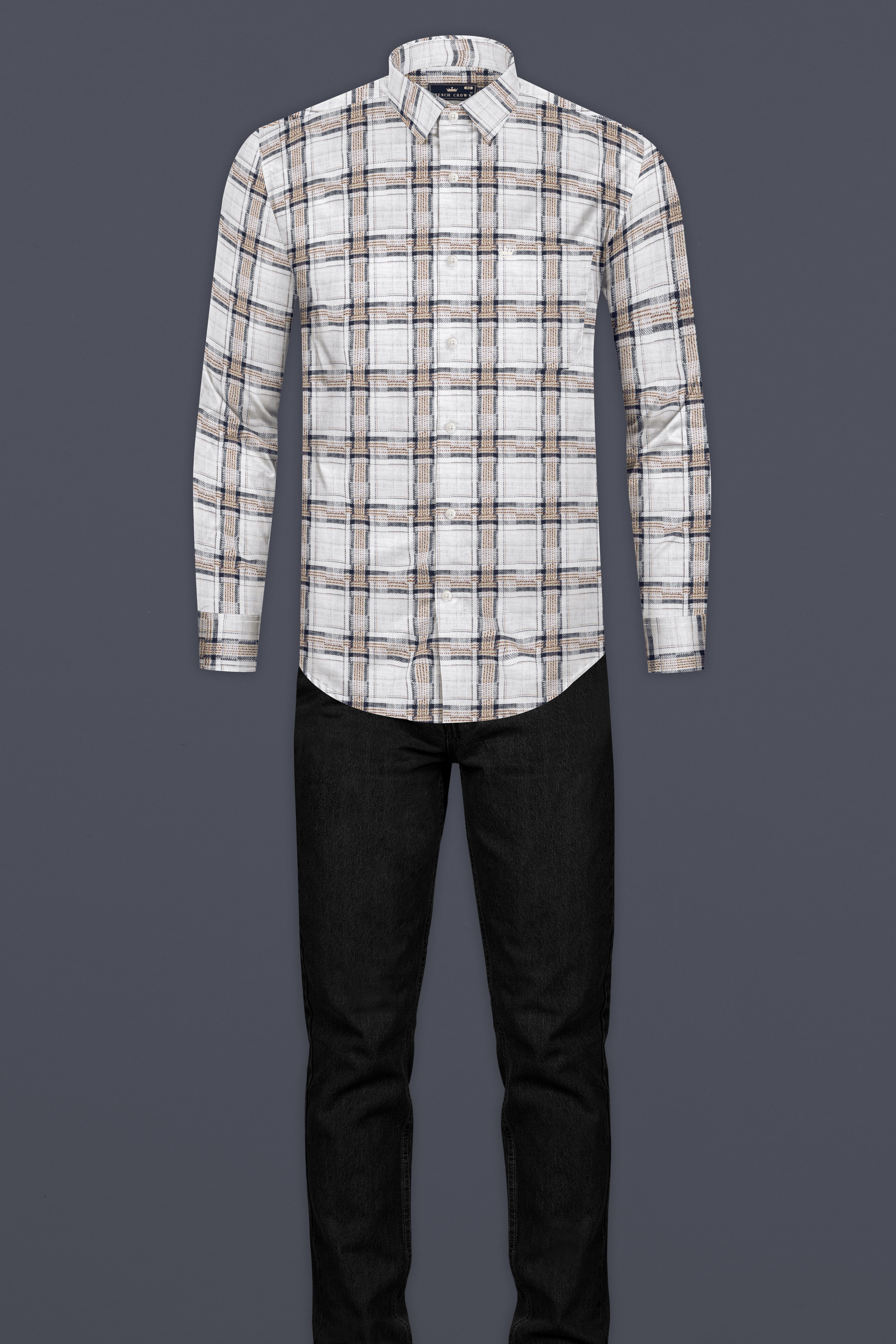 Bright White with Shadow Brown Plaid Dobby Shirt