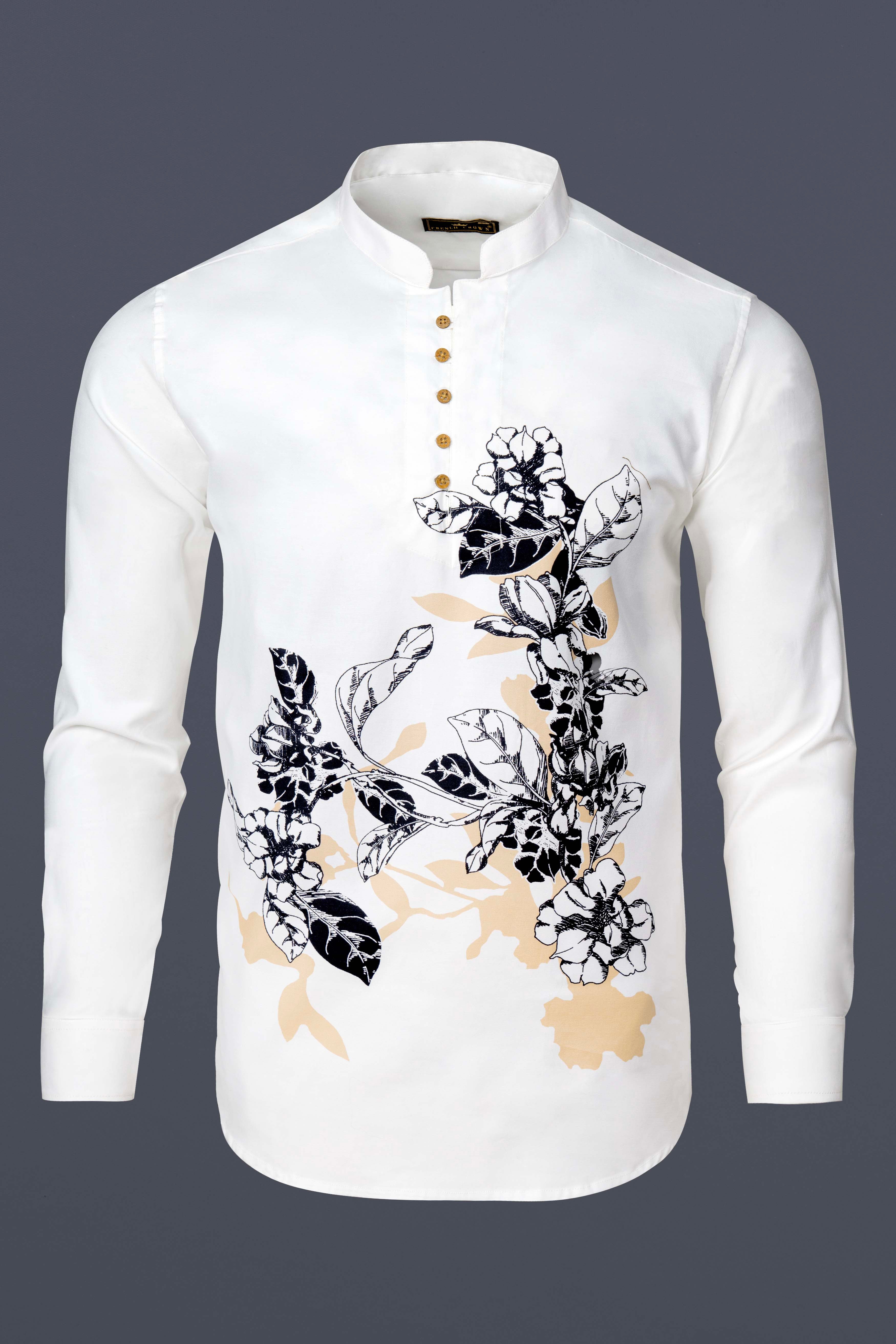 Bright White Flower Print Subtle Sheen Super Soft Premium Cotton Kurta Shirt