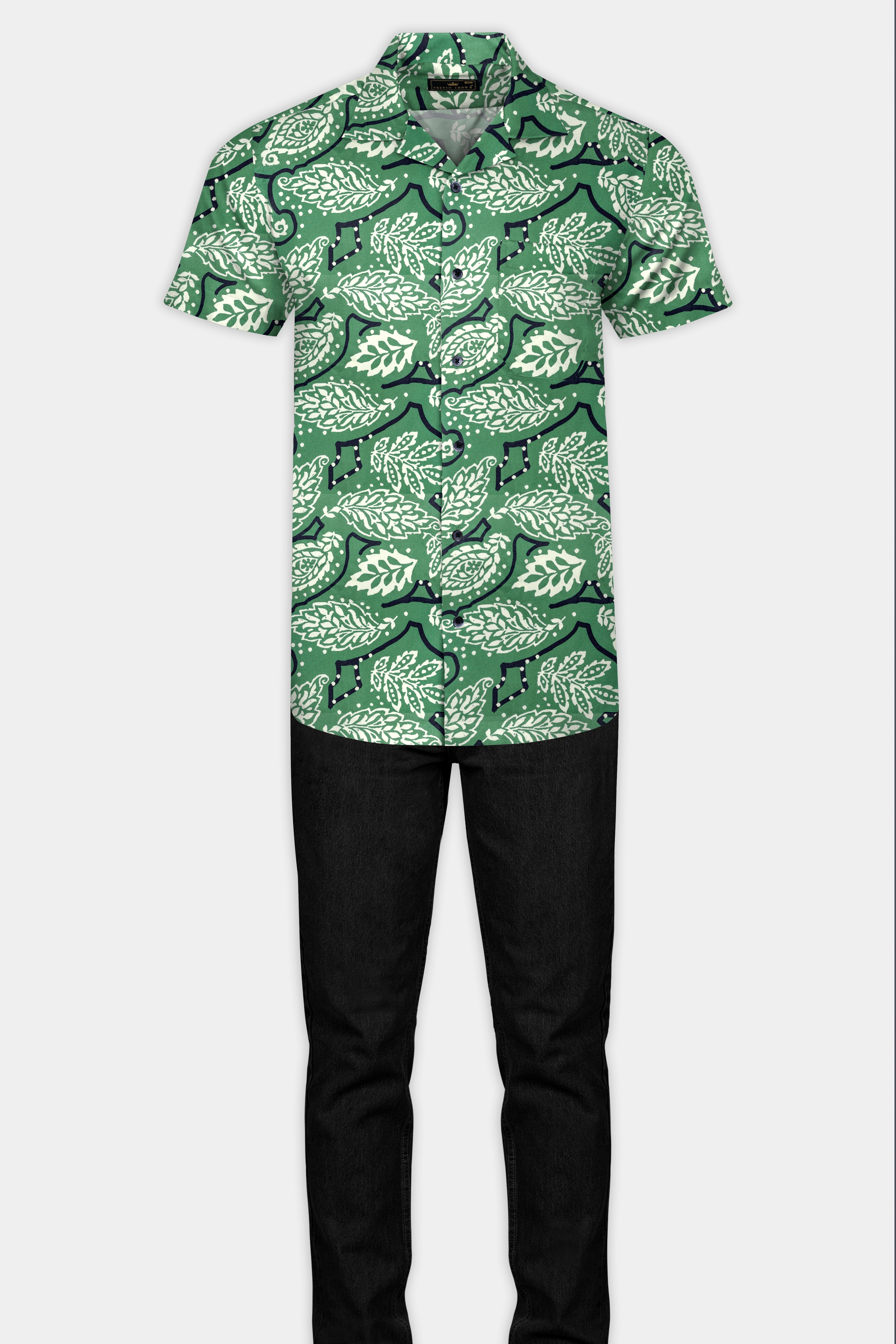 Killarney Green Leaves Printed Poplin Giza Cotton Shirt