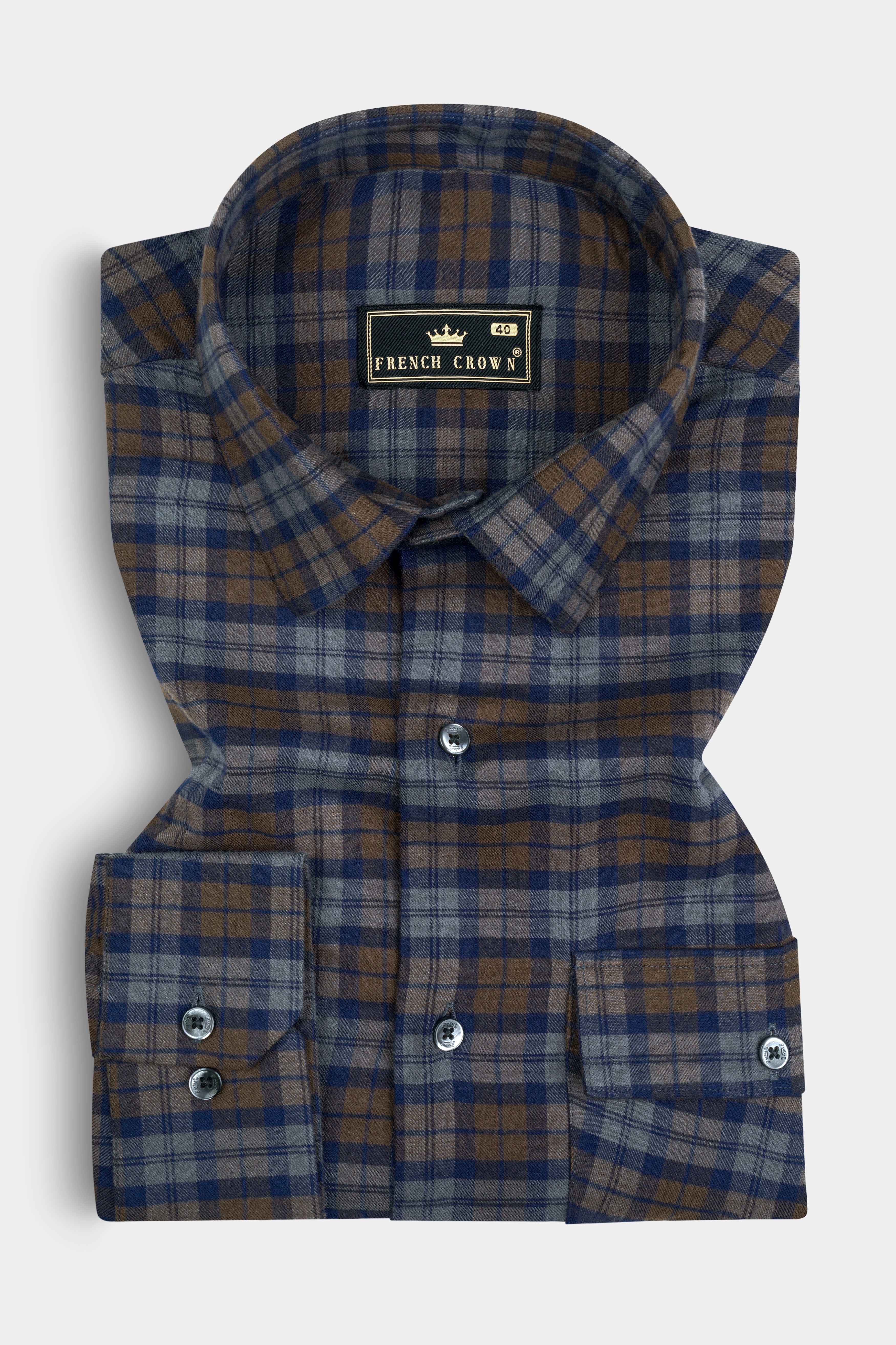 Iroko Brown With Firefly Plaid Twill Cotton Shirt