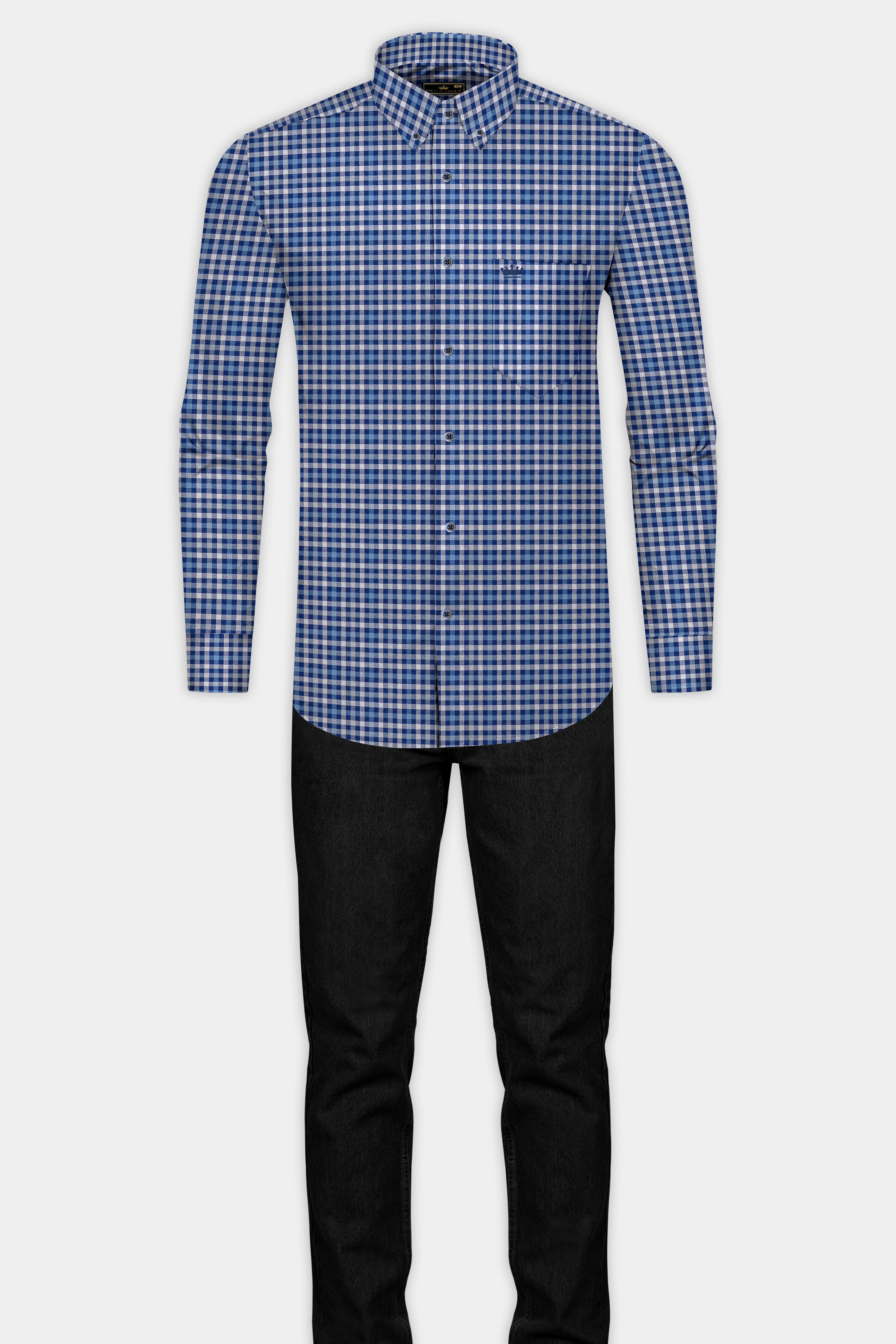 Gulf Blue With White Plaid Flannel Shirt