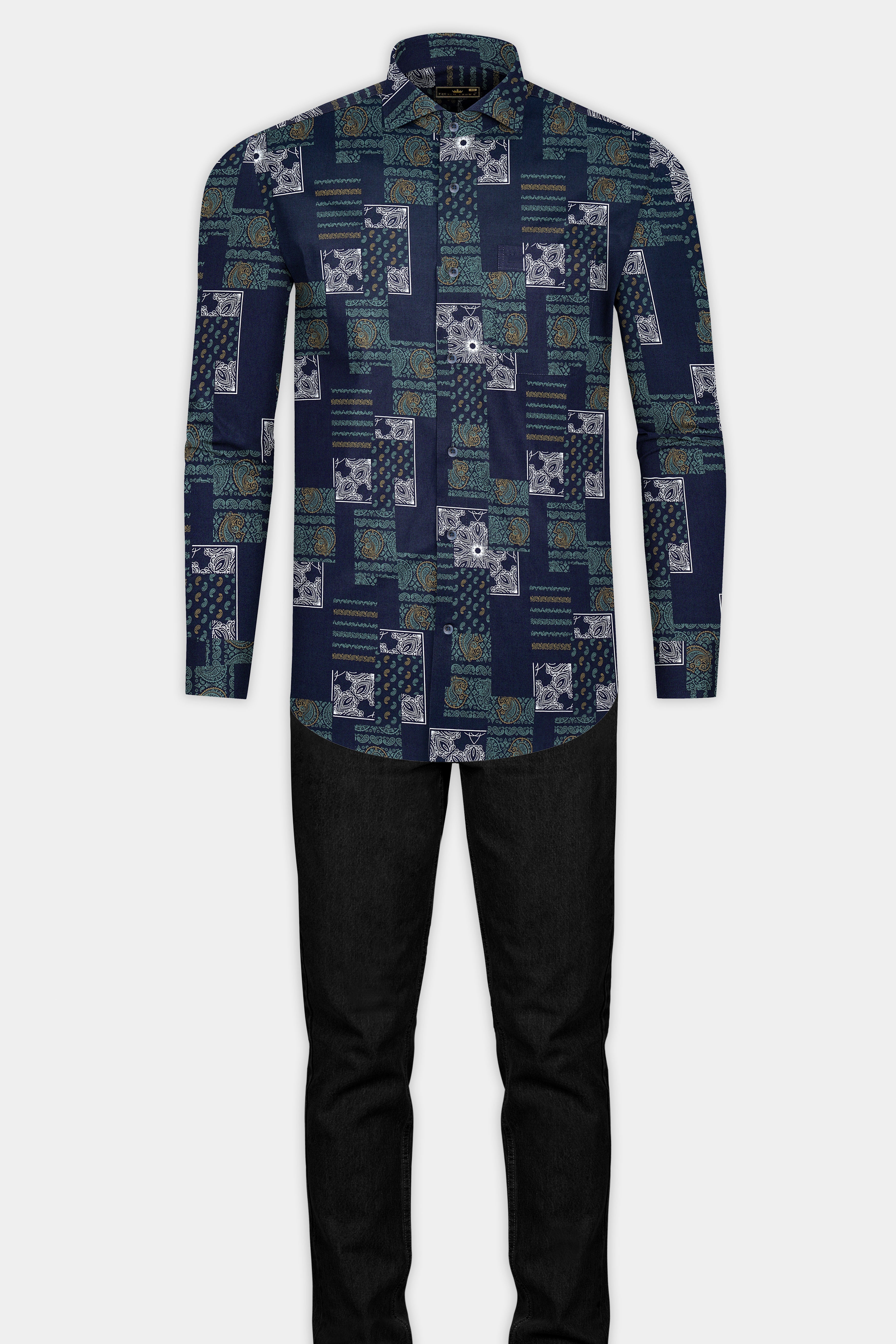 Tealish Blue Multicolour Design Printed Super Soft Premium Cotton Shirt