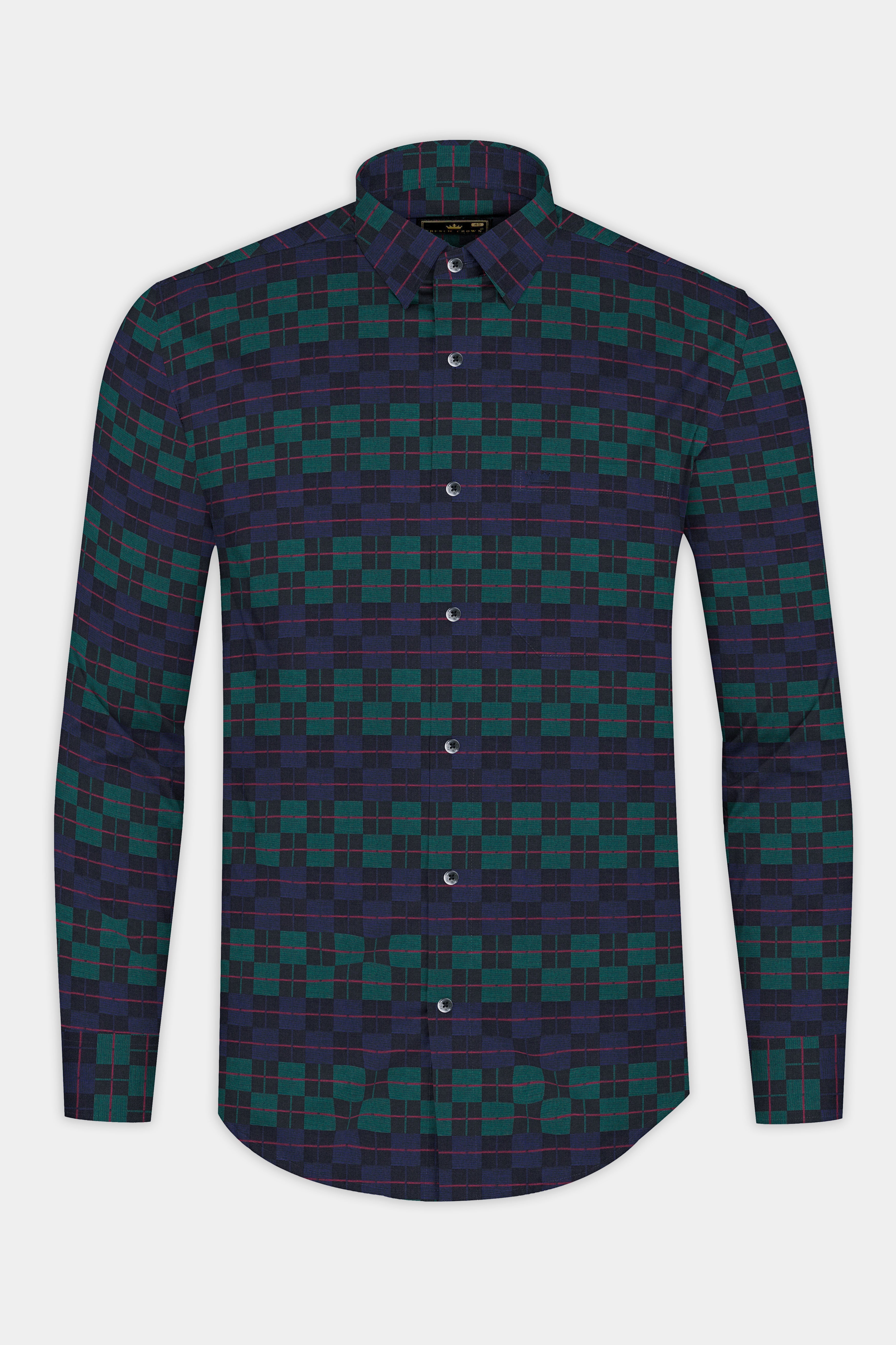 Ebony Blue and Plantation Green Plaid Jacquard Textured Premium Cotton Shirt