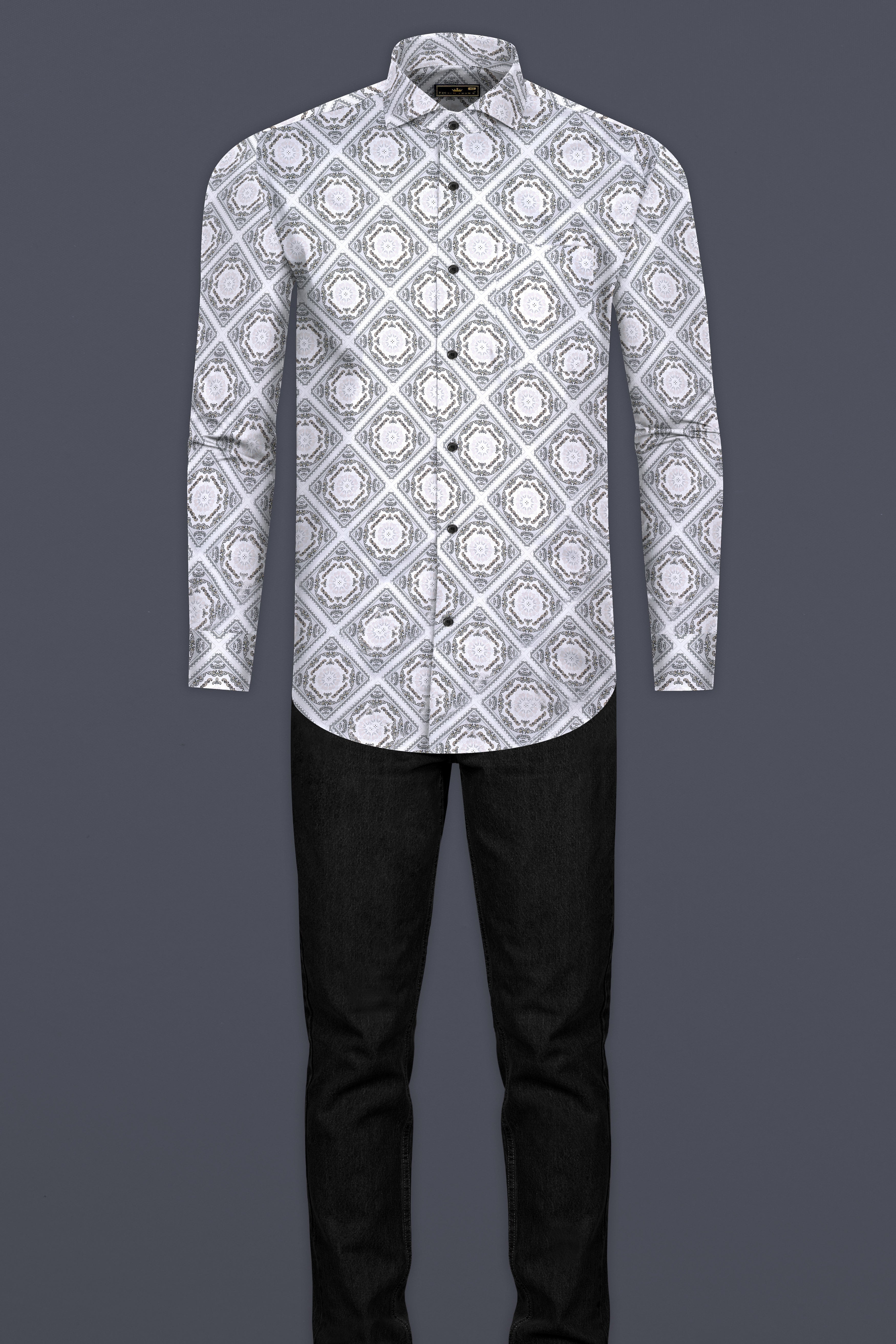 Bright White With Almond Cream Hexagon Printed Super Soft Premium Cotton Shirt