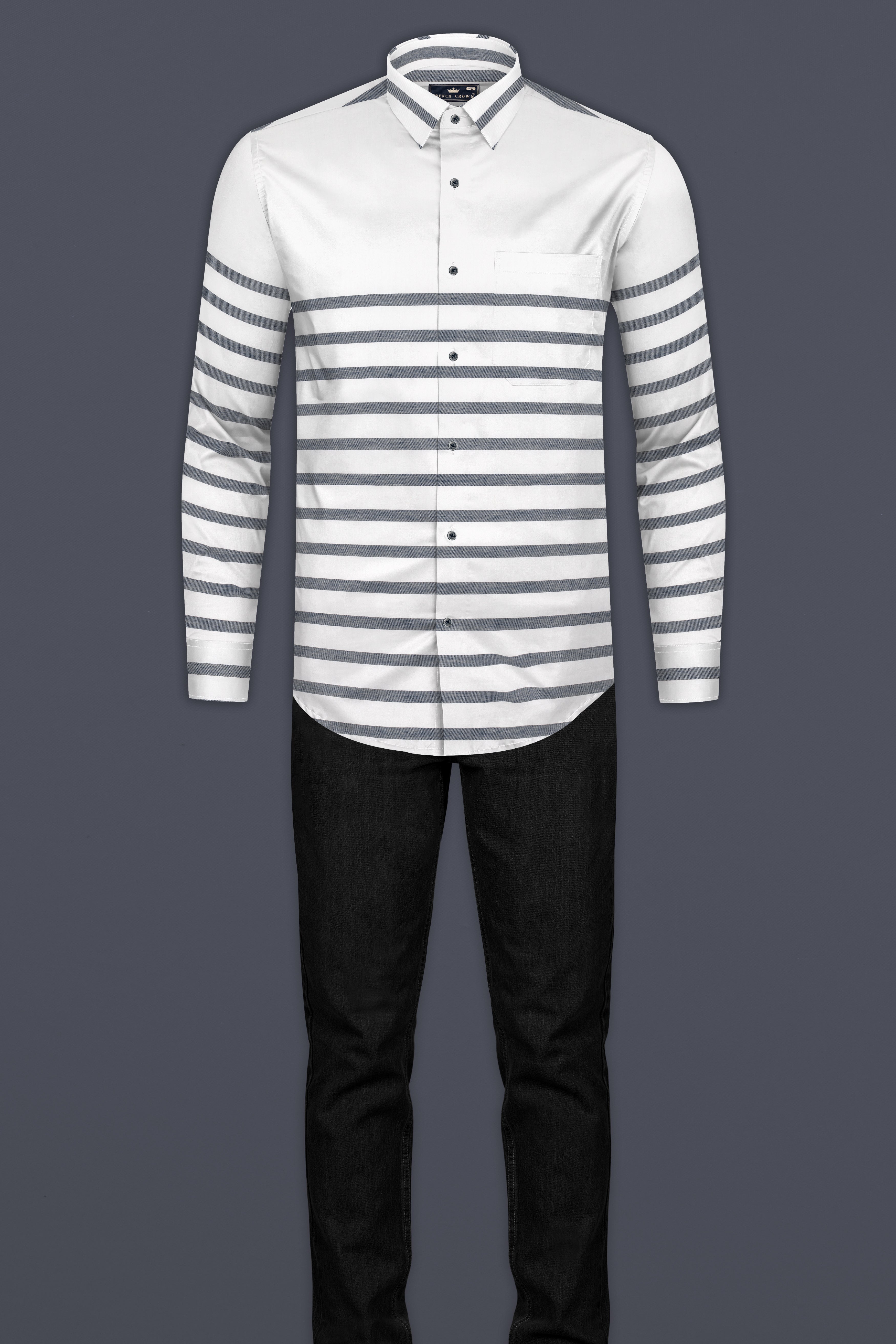 Bright White with Gravel Gray Horizontal Striped Twill Cotton Shirt