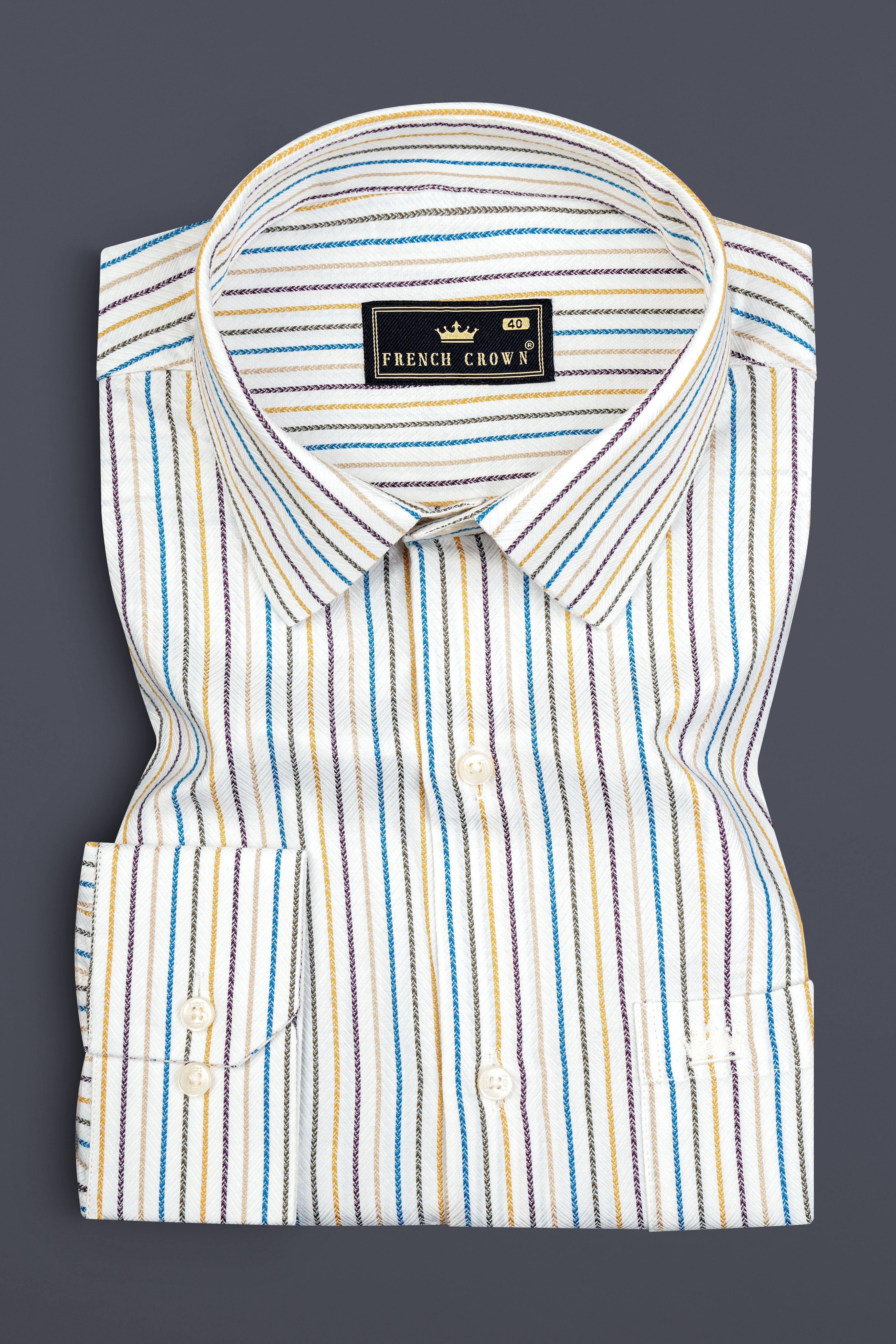 Bright White Multicolour Striped Herringbone Soft Cotton Shirt