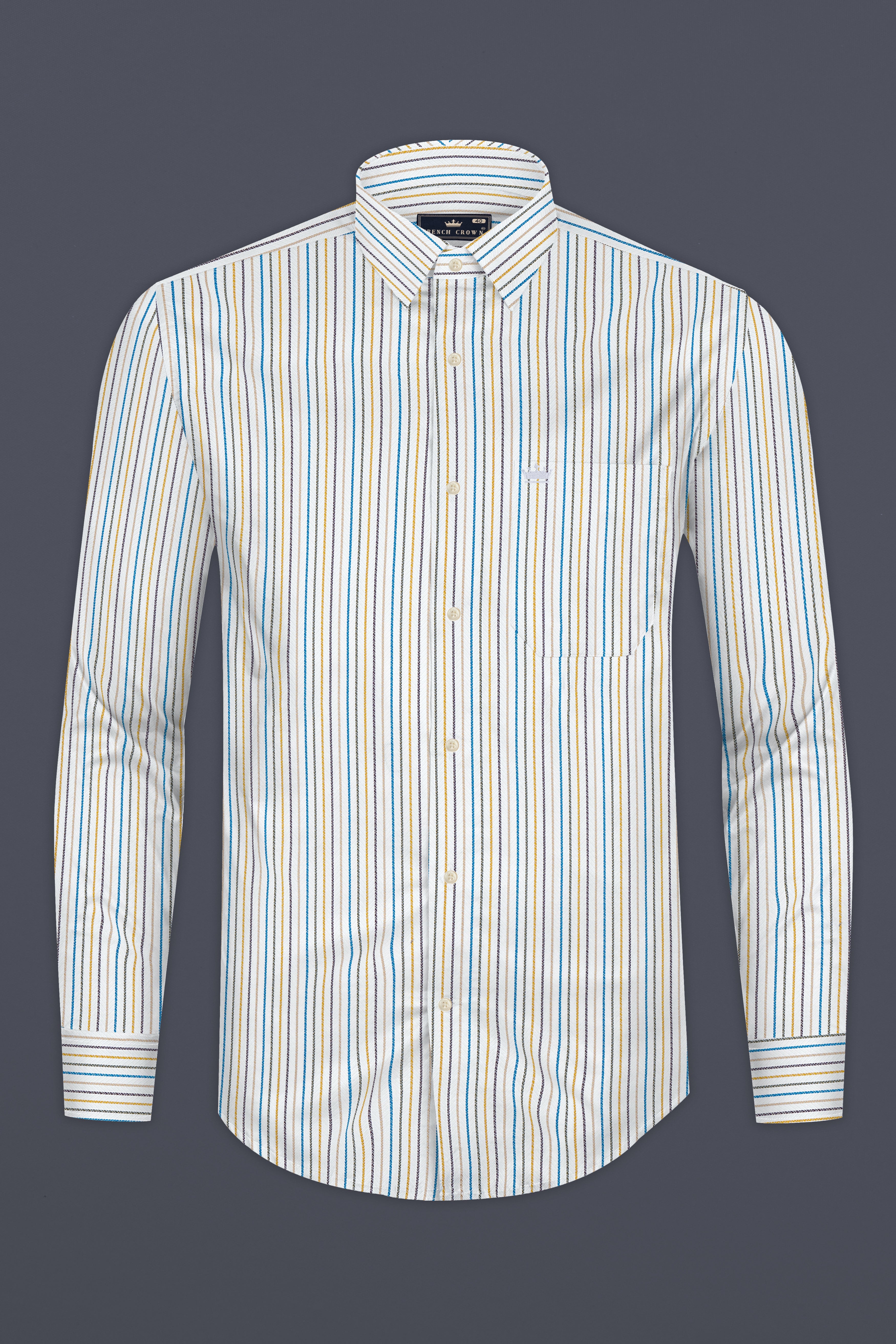 Bright White Multicolour Striped Herringbone Soft Cotton Shirt