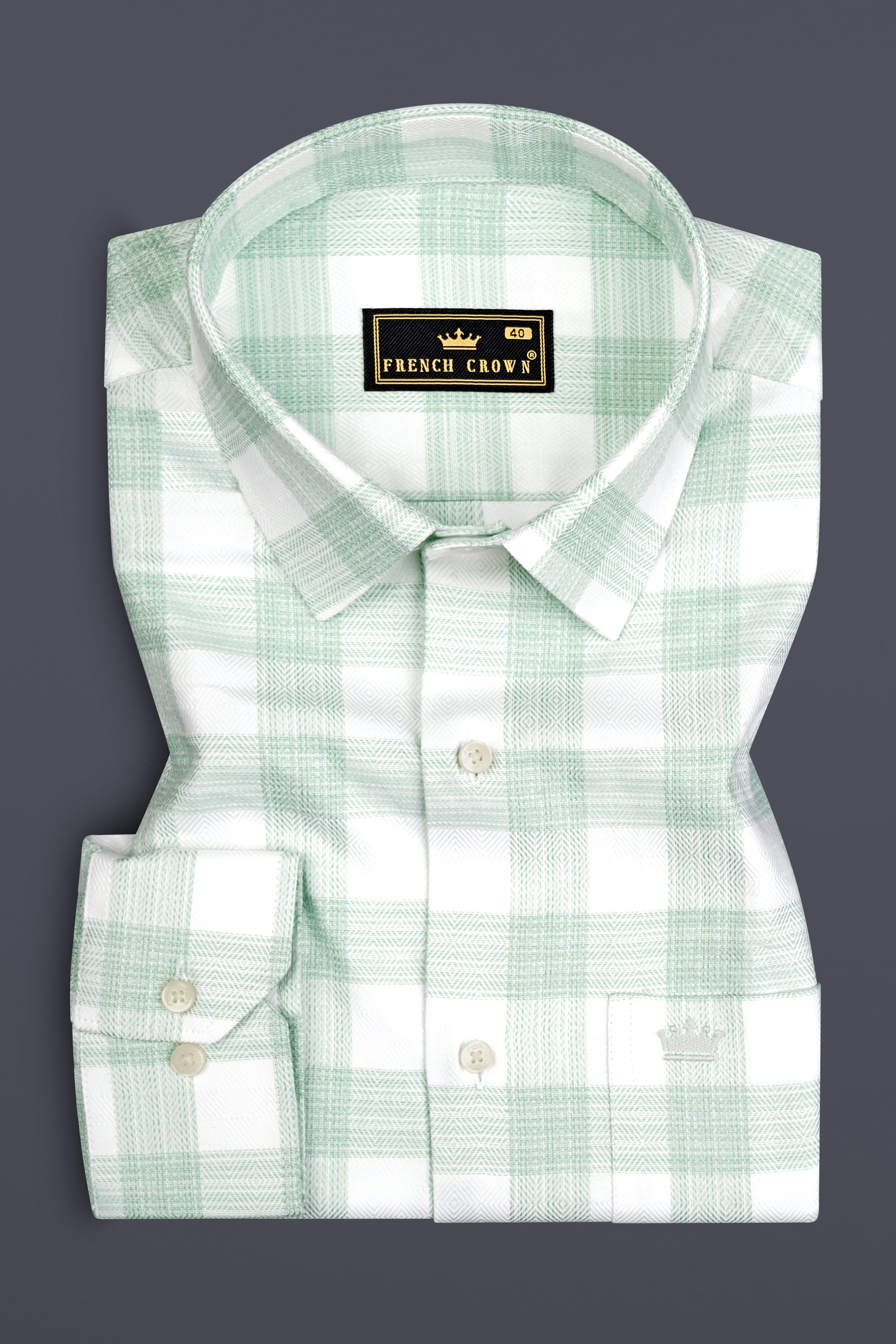 Bright White with Surf Green Plaid Dobby Cotton Shirt