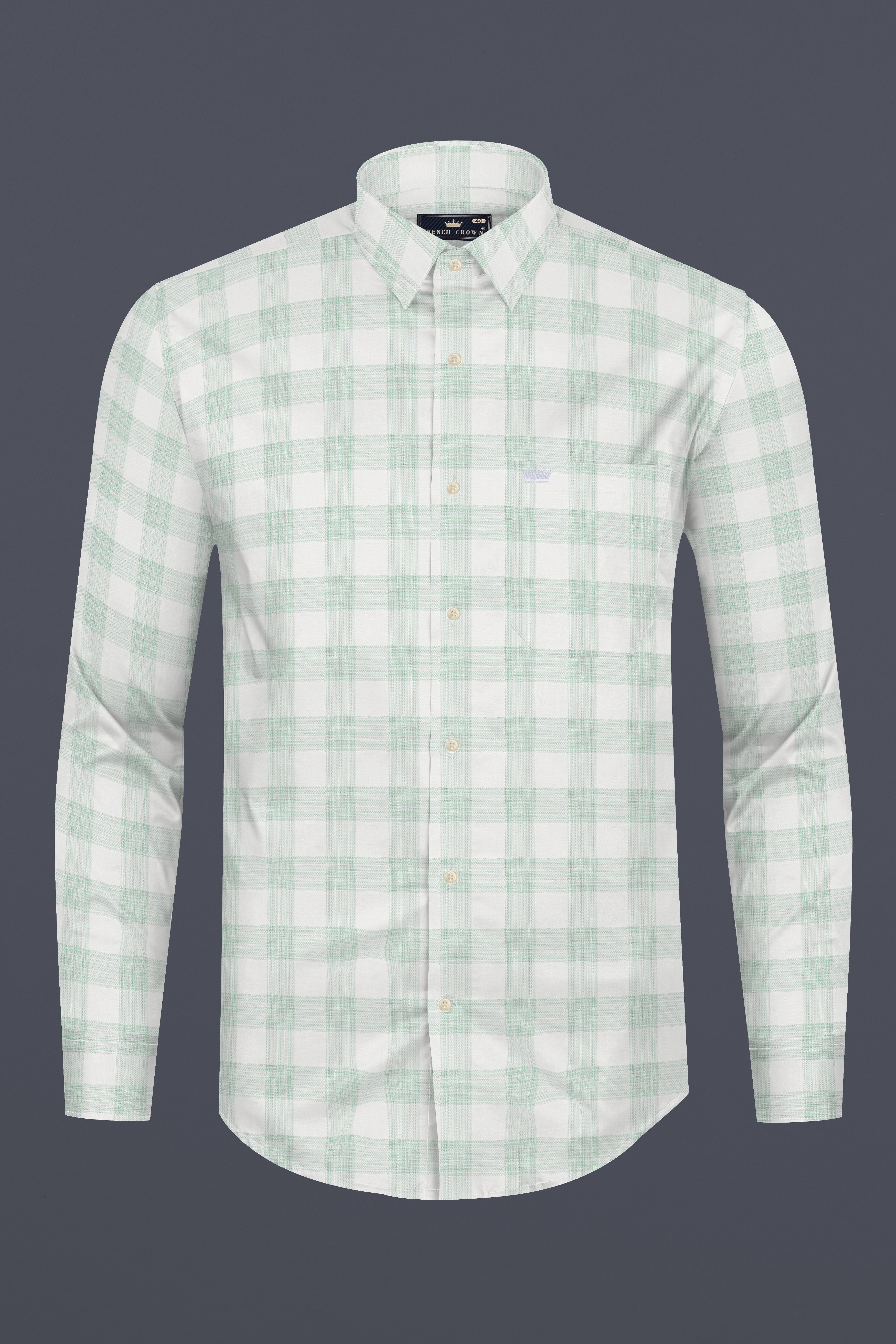 Bright White with Surf Green Plaid Dobby Cotton Shirt