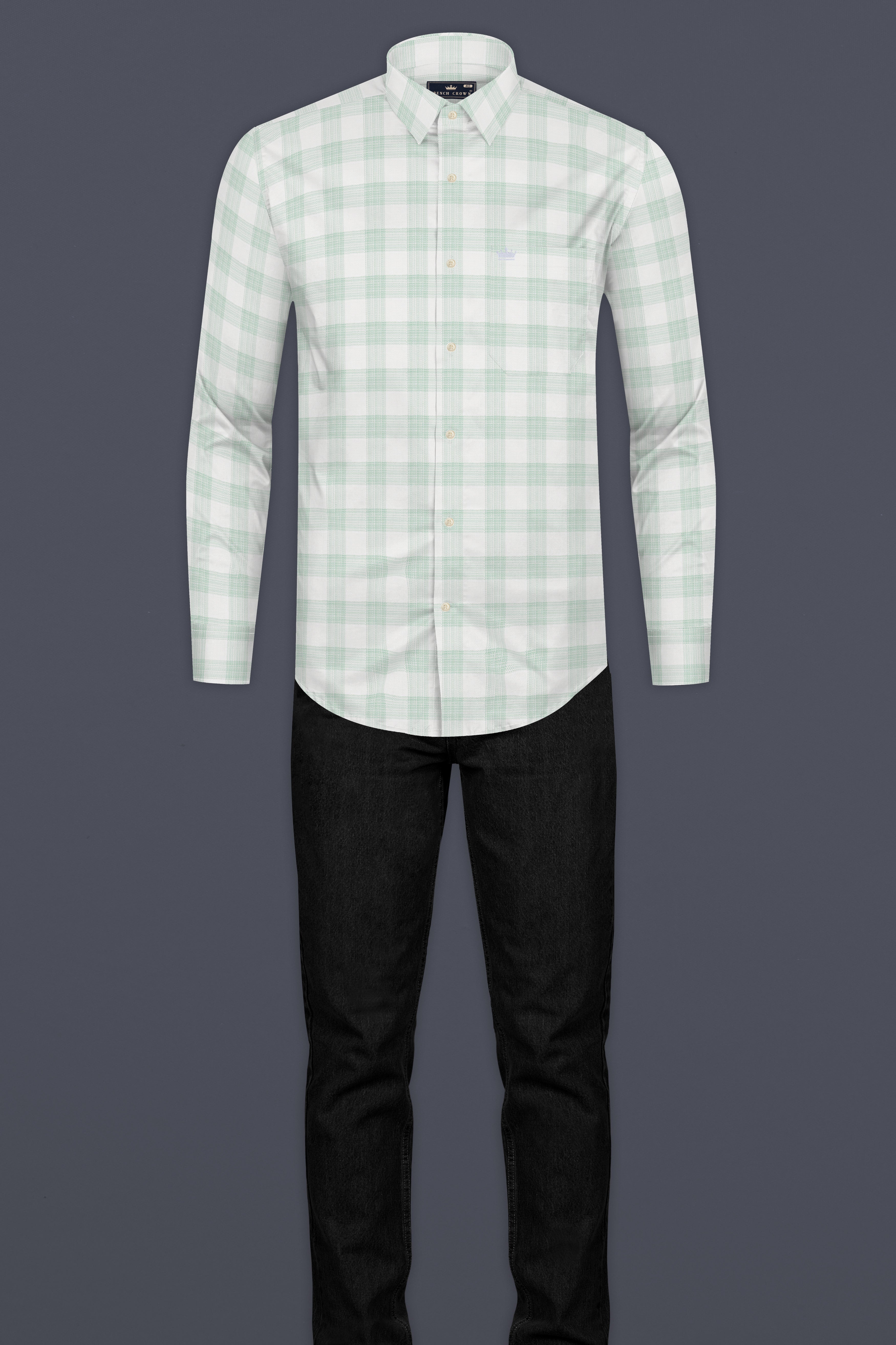 Bright White with Surf Green Plaid Dobby Cotton Shirt