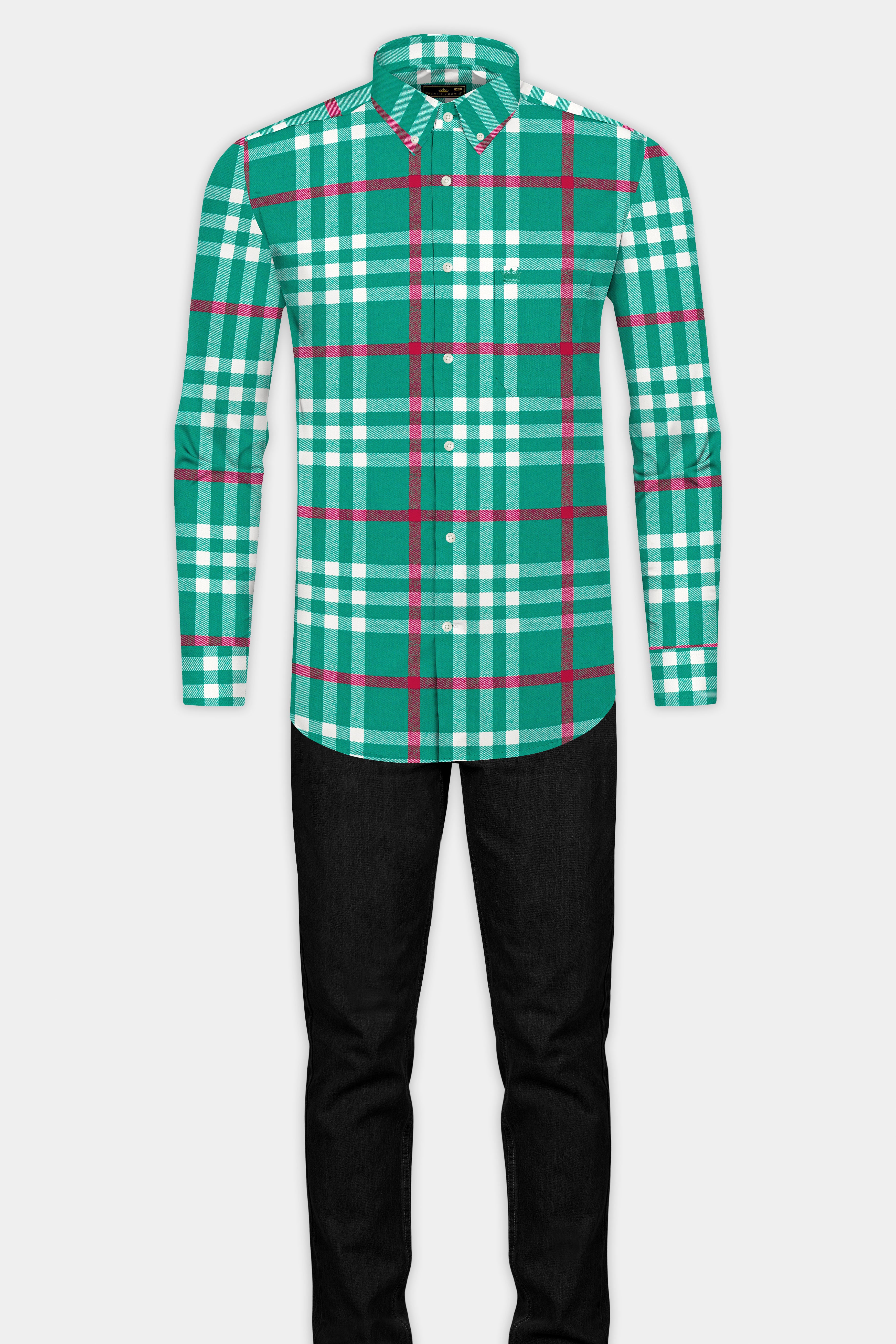 Aquamarine Green and Shiraz Red Plaid Flannel Shirt