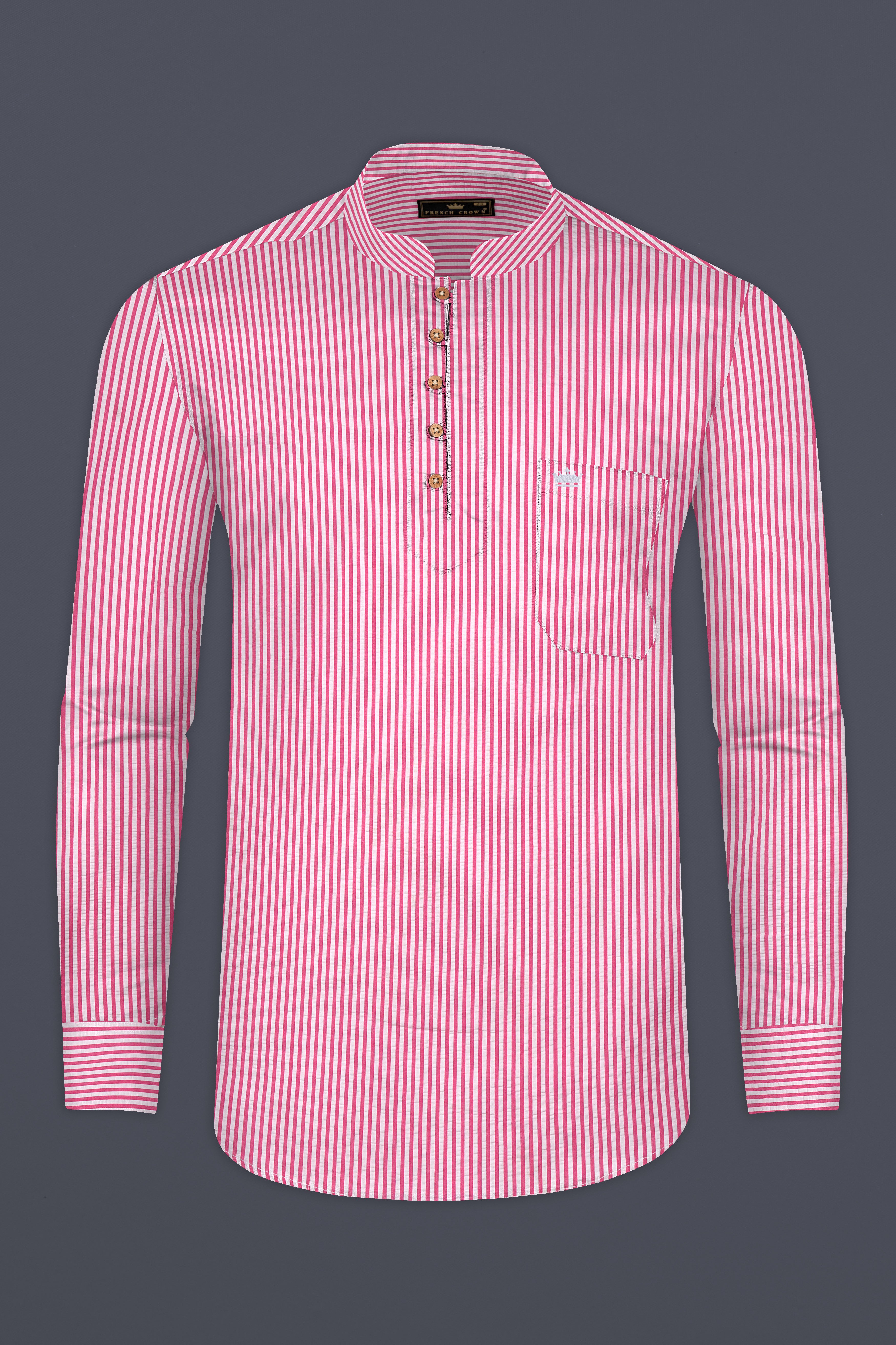 Raspberry Pink with Vista White Striped Seersucker Giza Cotton Kurta Shirt