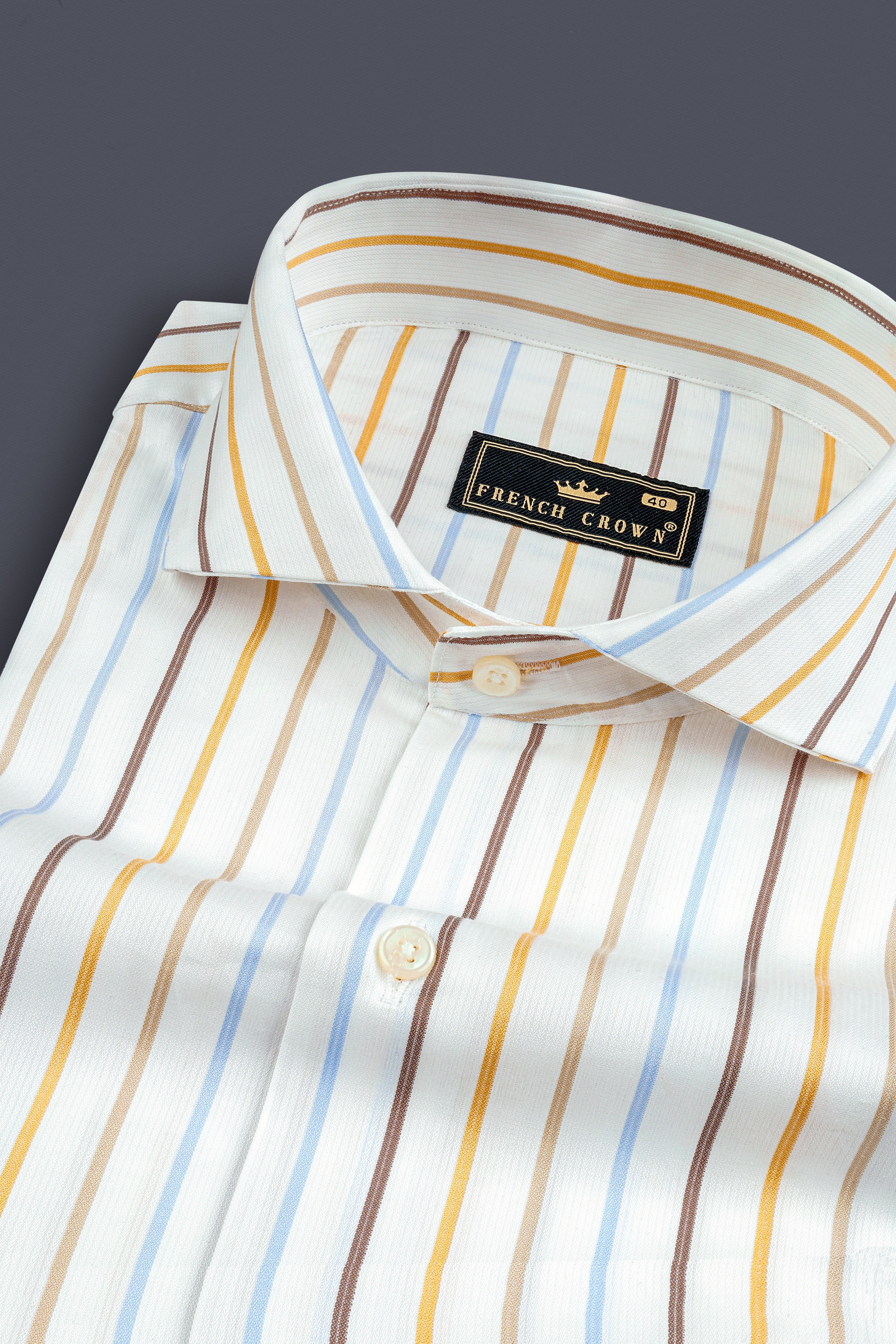 Bright White with Sail blue And Sisal Brown Striped Premium Cotton Shirt