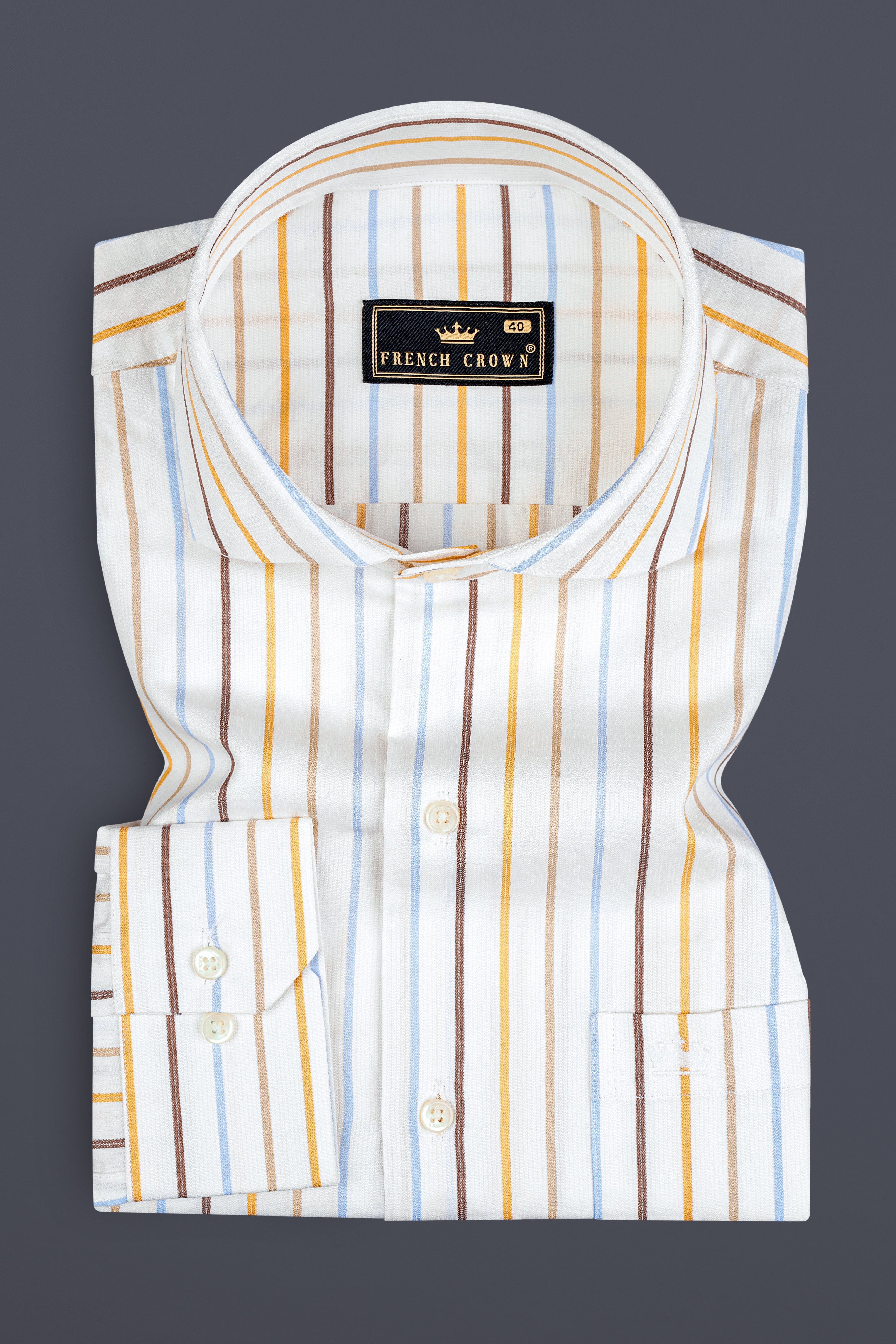 Bright White with Sail blue And Sisal Brown Striped Premium Cotton Shirt