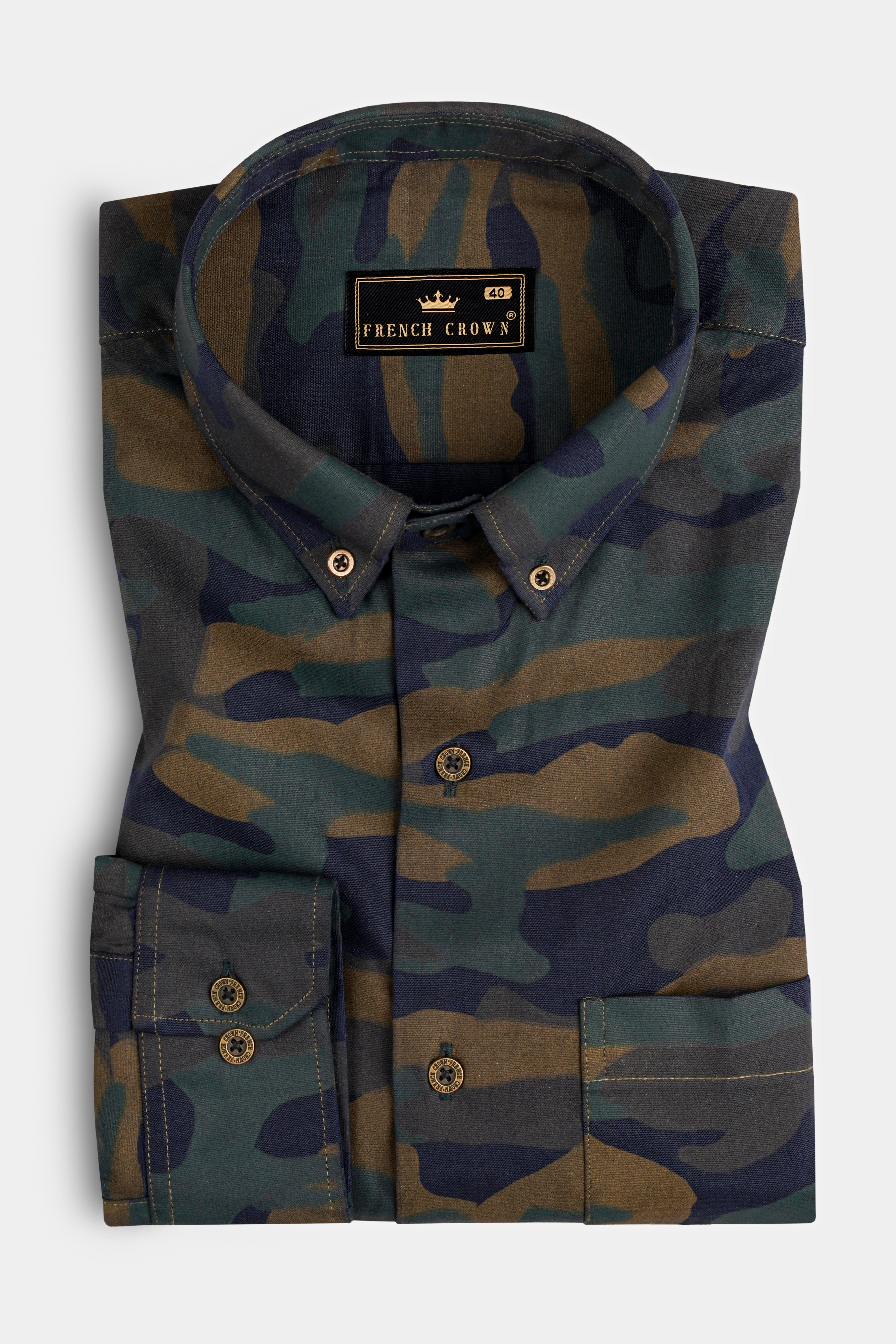 Vulcan Blue With Iridium Green Camouflage Printed Royal Oxford Shirt