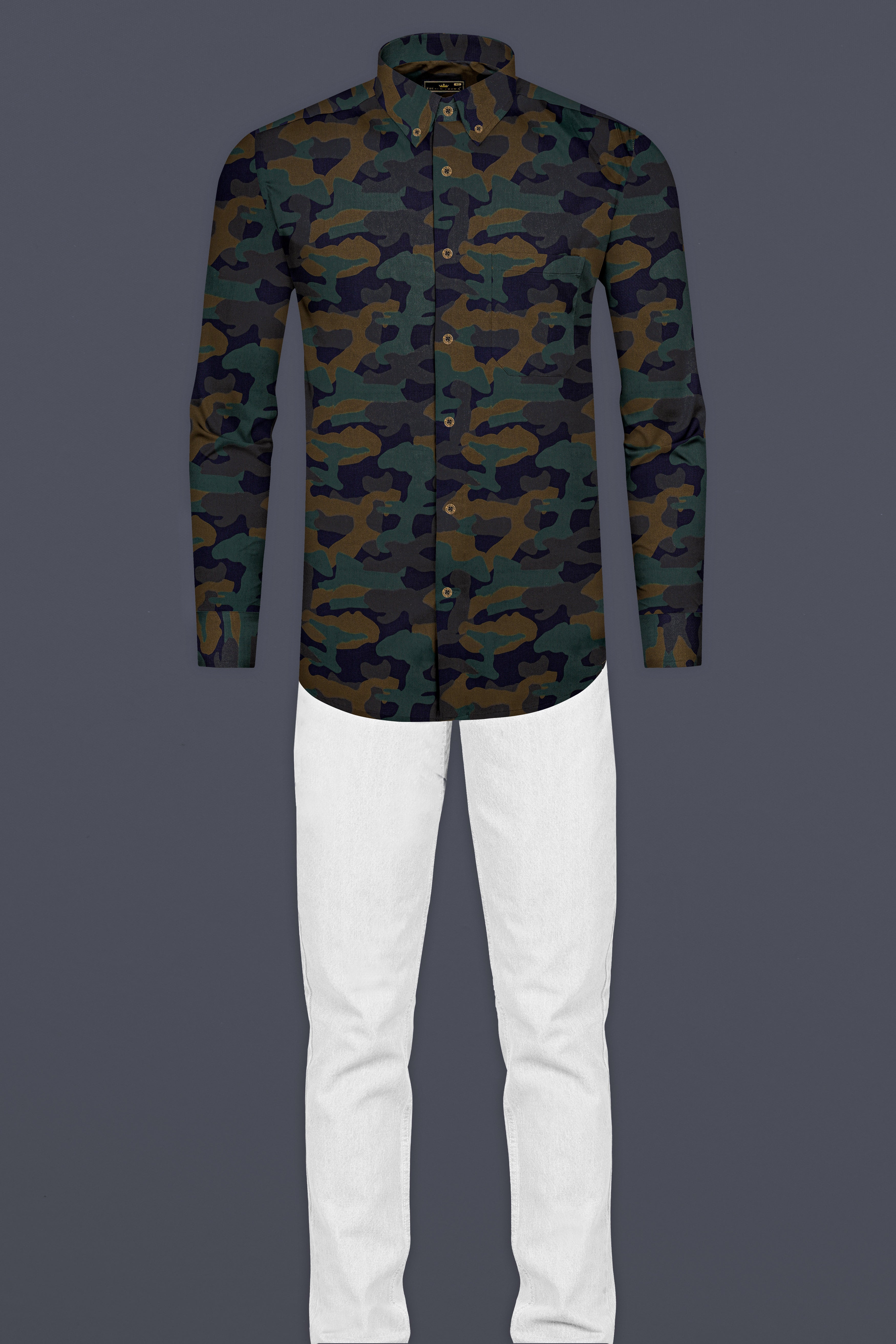 Vulcan Blue With Iridium Green Camouflage Printed Royal Oxford Shirt