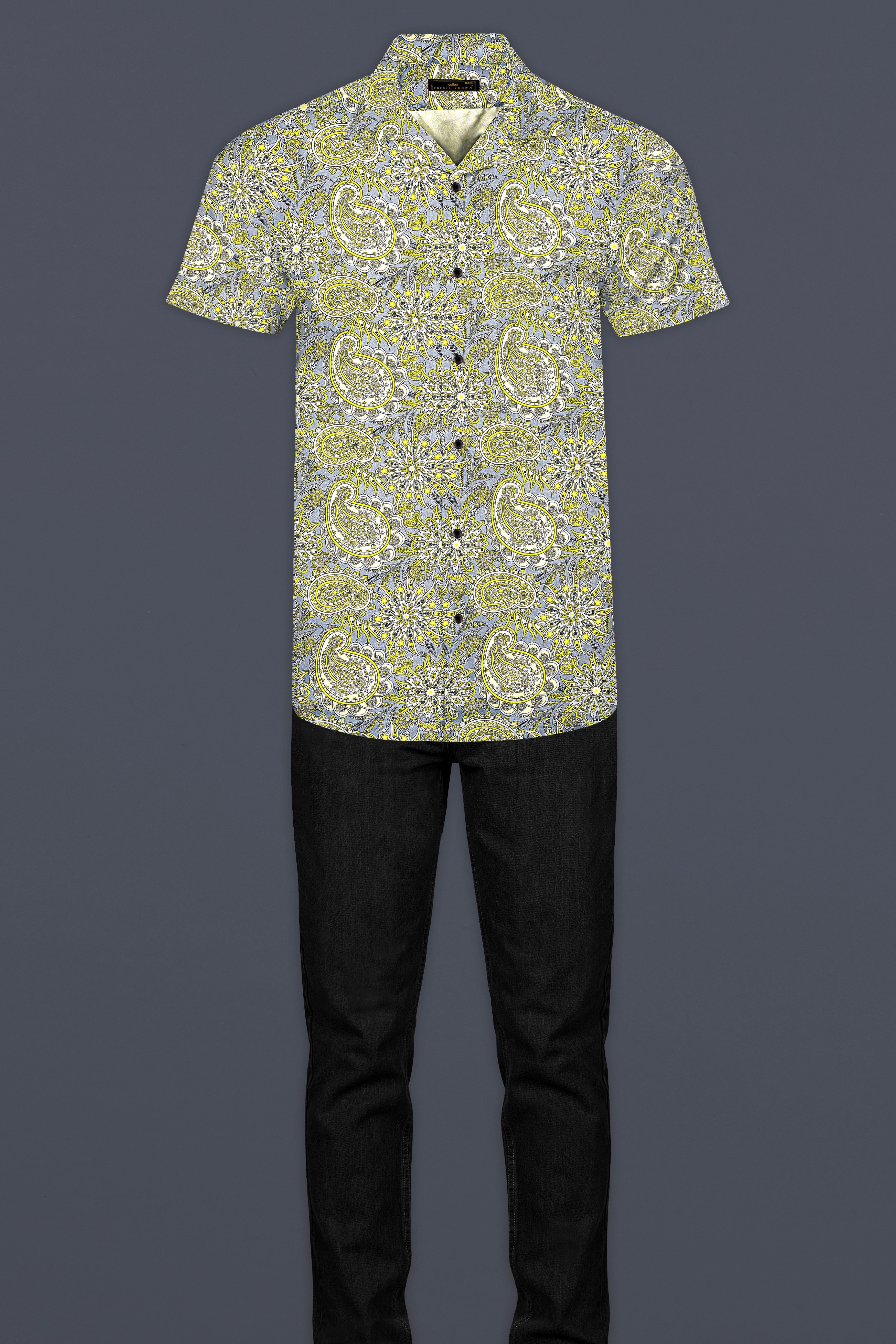 Arylide Yellow With Nobel Gray Flower Valley Printed Super Soft Premium Cotton Shirt