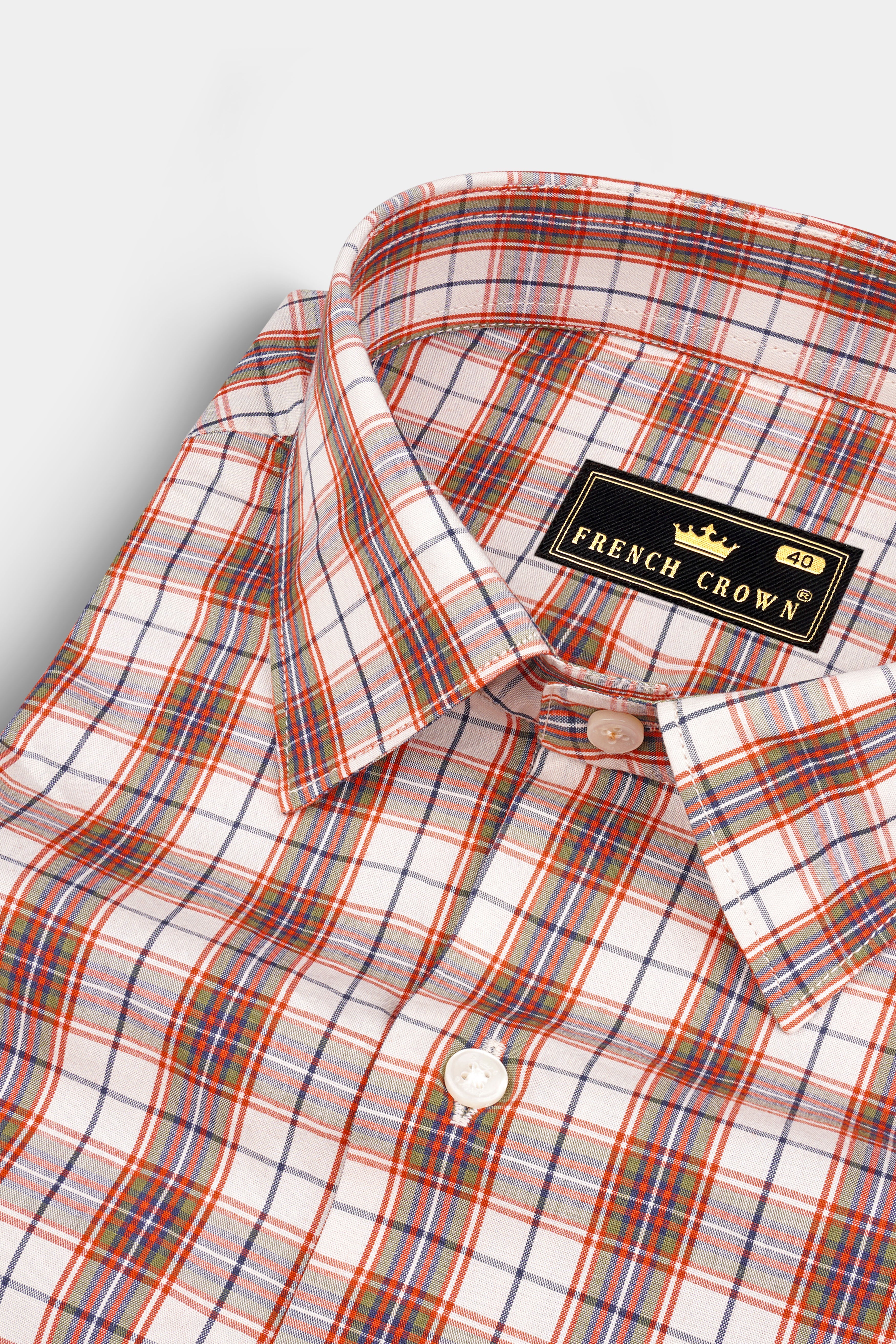 Crail Orange With Bright White Checkered Giza Cotton Shirt