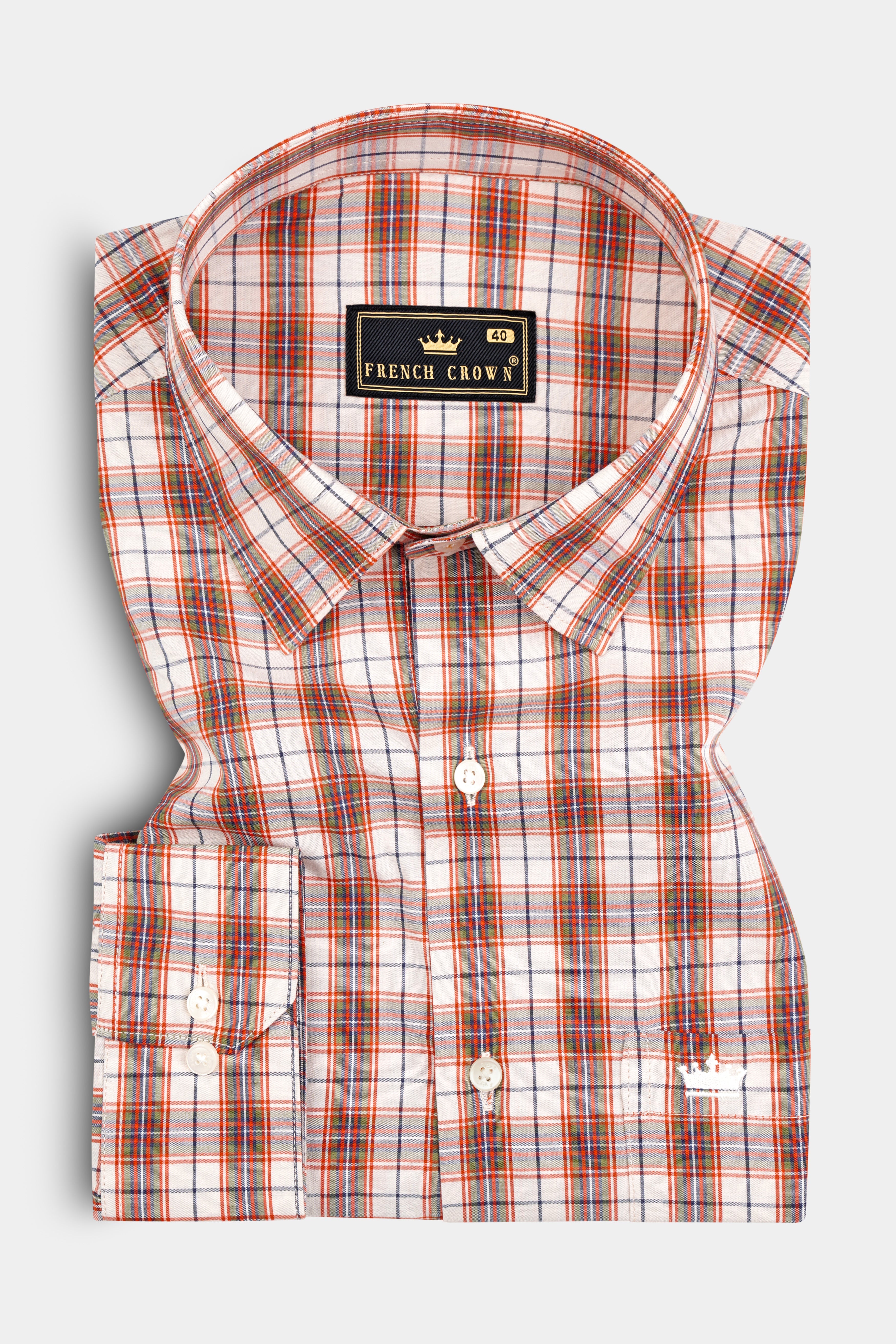 Crail Orange With Bright White Checkered Giza Cotton Shirt