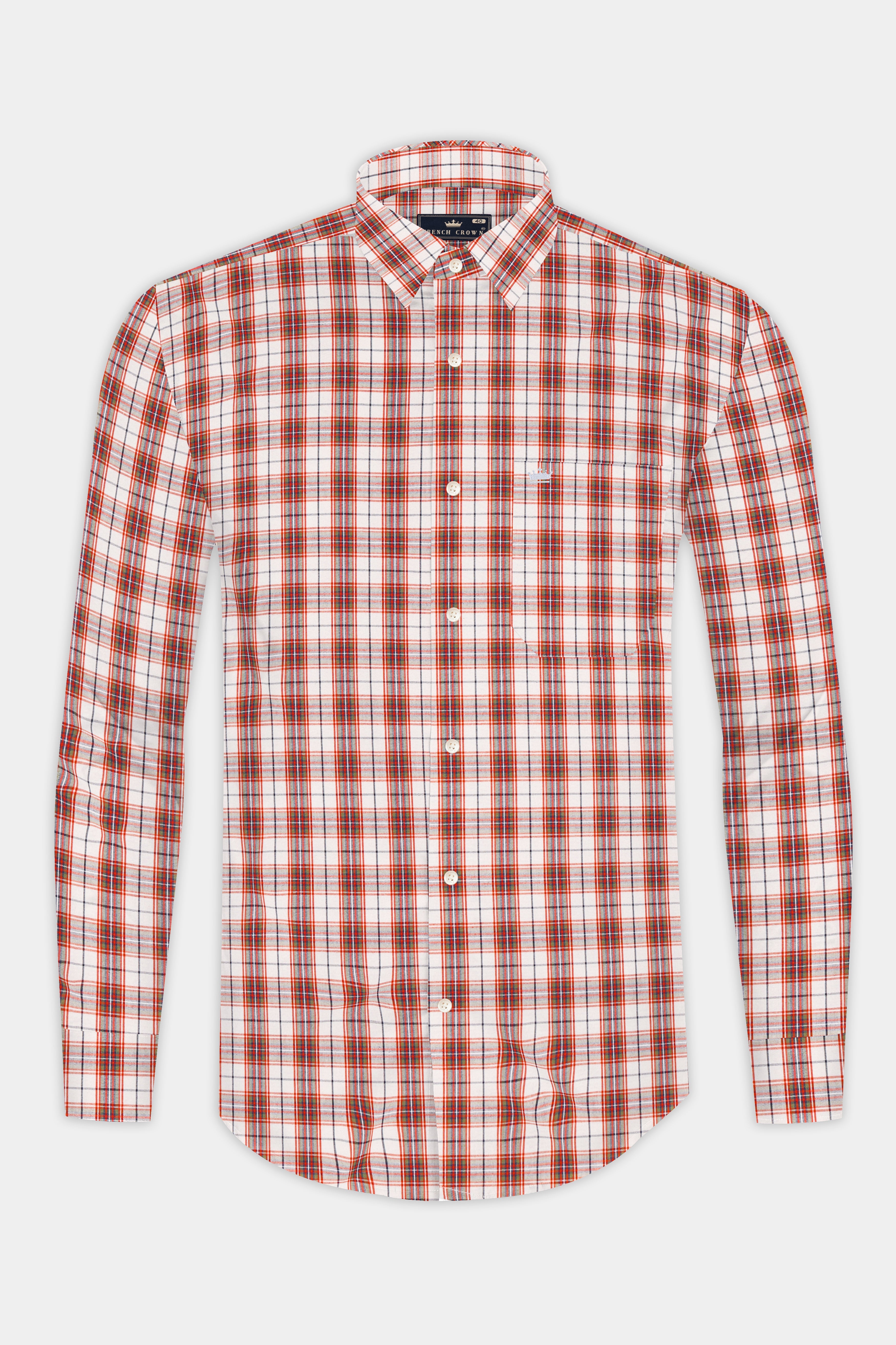 Crail Orange With Bright White Checkered Giza Cotton Shirt