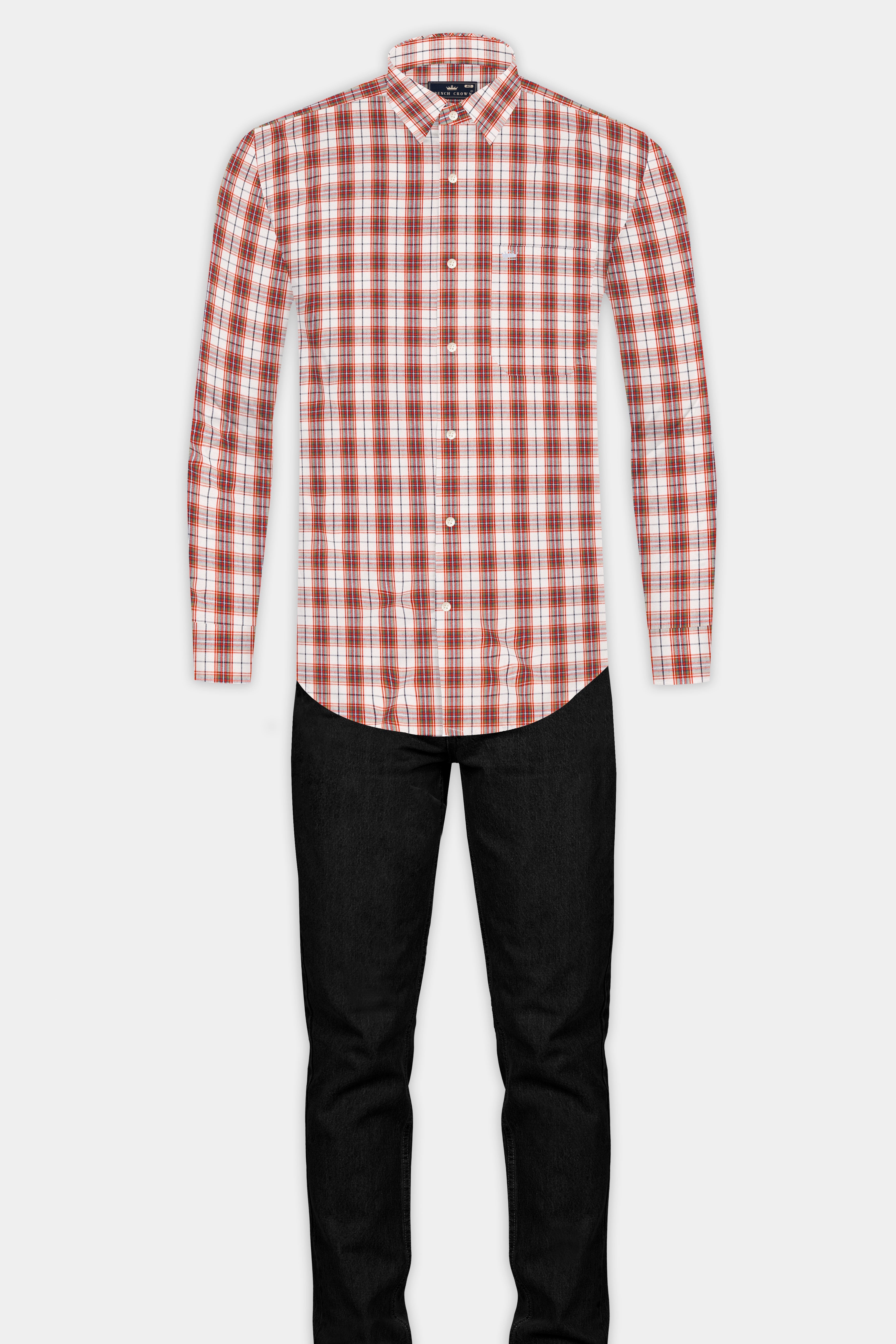 Crail Orange With Bright White Checkered Giza Cotton Shirt