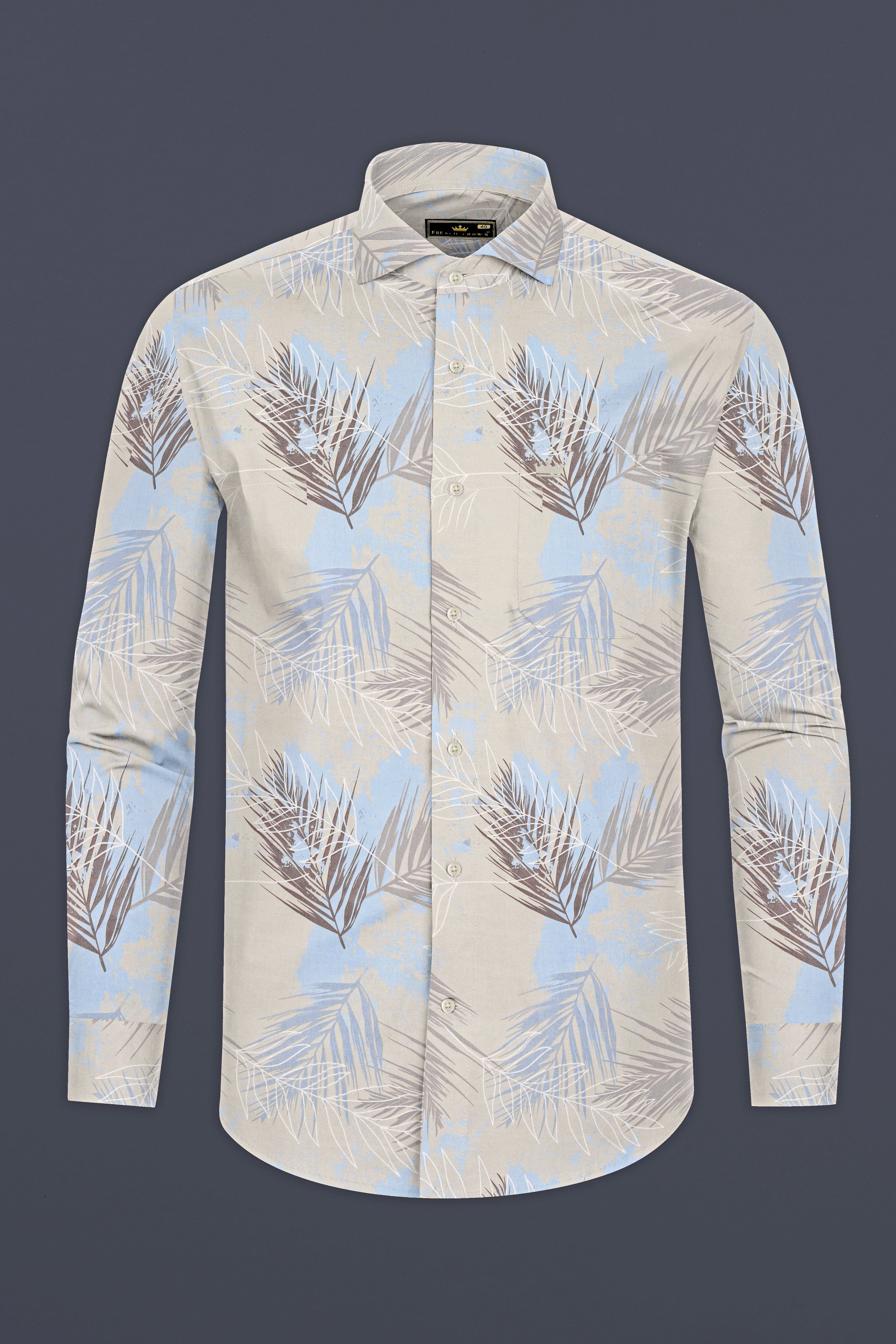 Cloud Cream With Botticelli Blue Tropical Printed Premium Giza Cotton Shirt