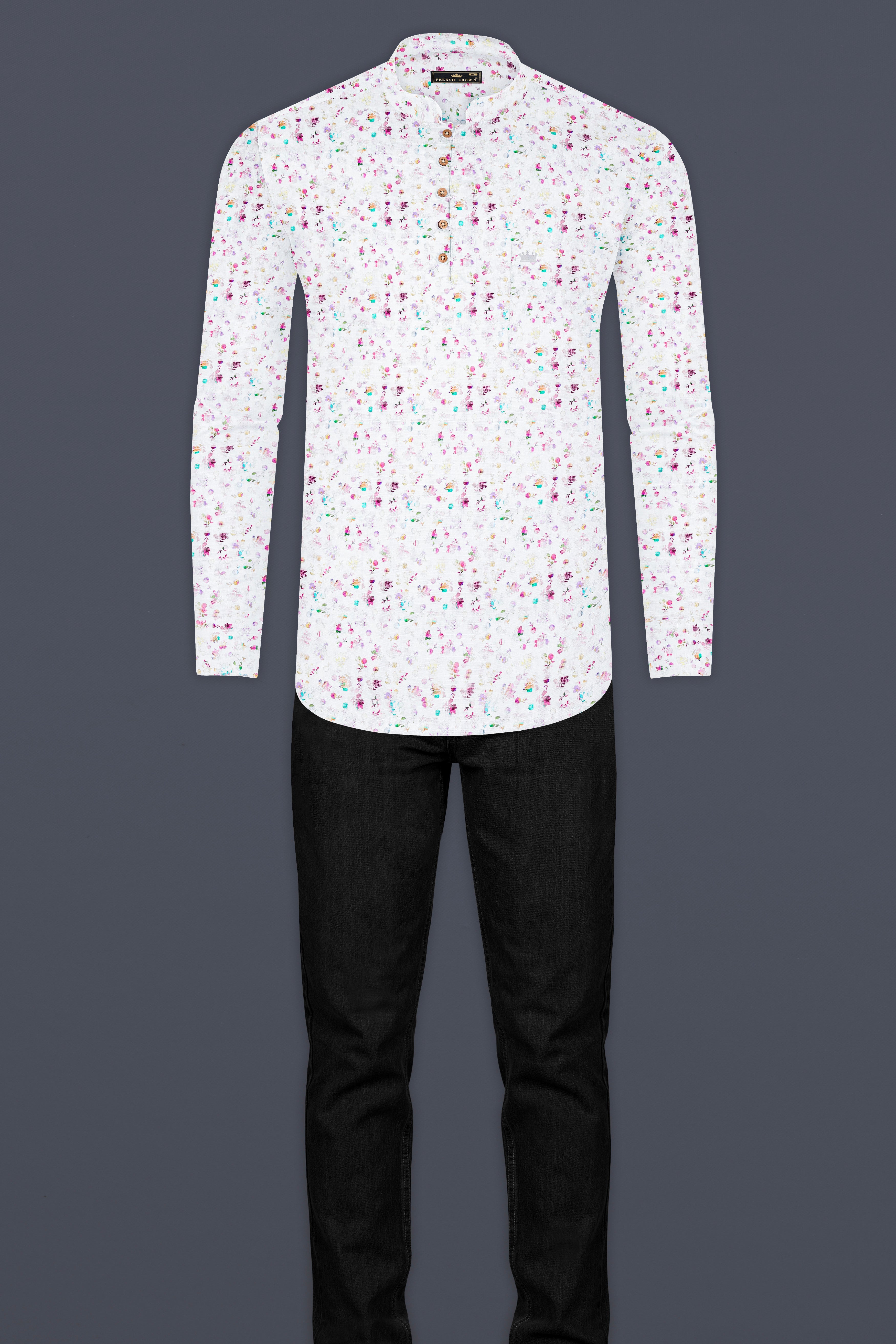 Bright White With Jazzberry Purple Floral Printed Luxurious Linen Kurta Shirt