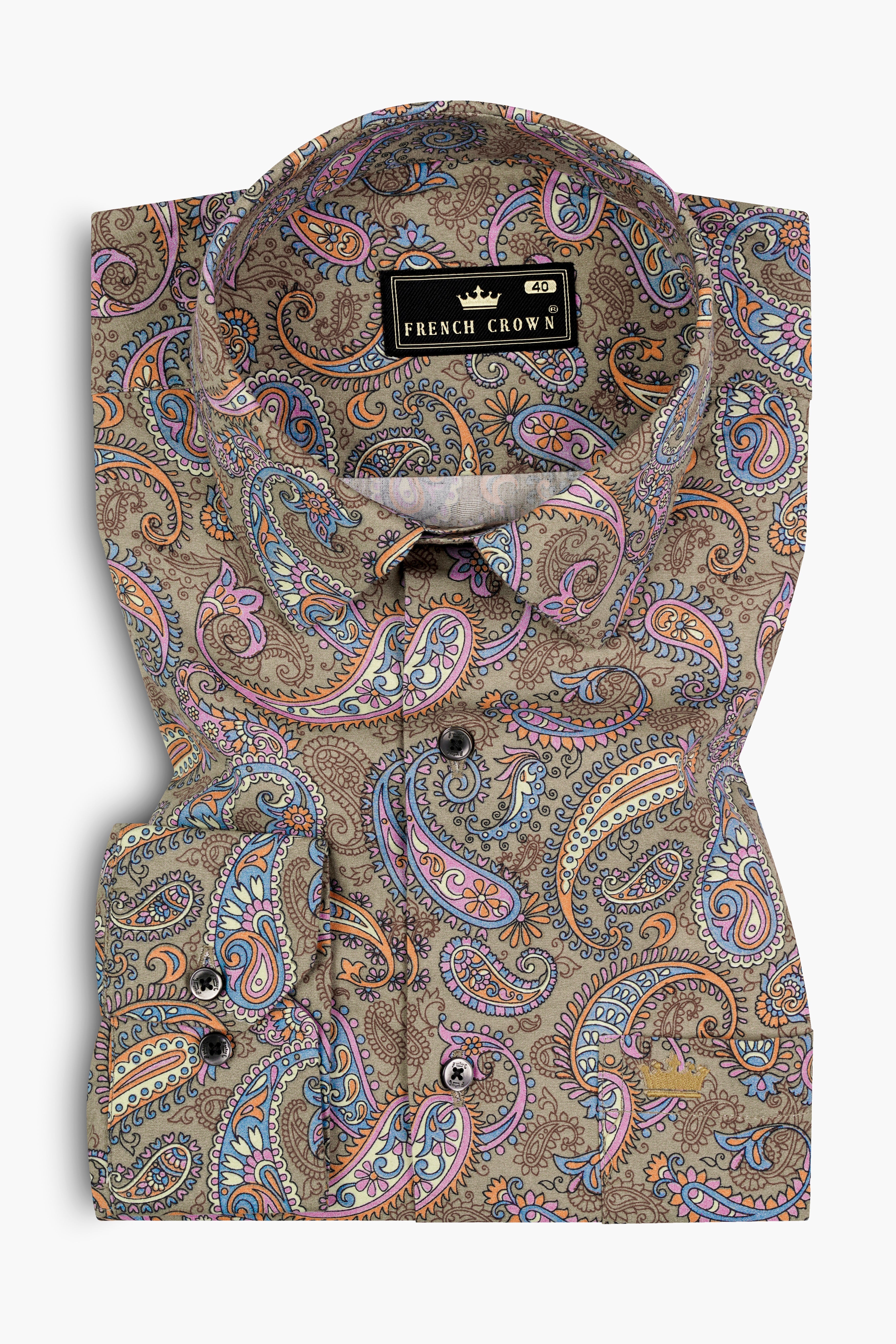 Tallow Cream with Wild Blue and Viola Pin Paisley Printed Super Soft Premium Cotton Shirt