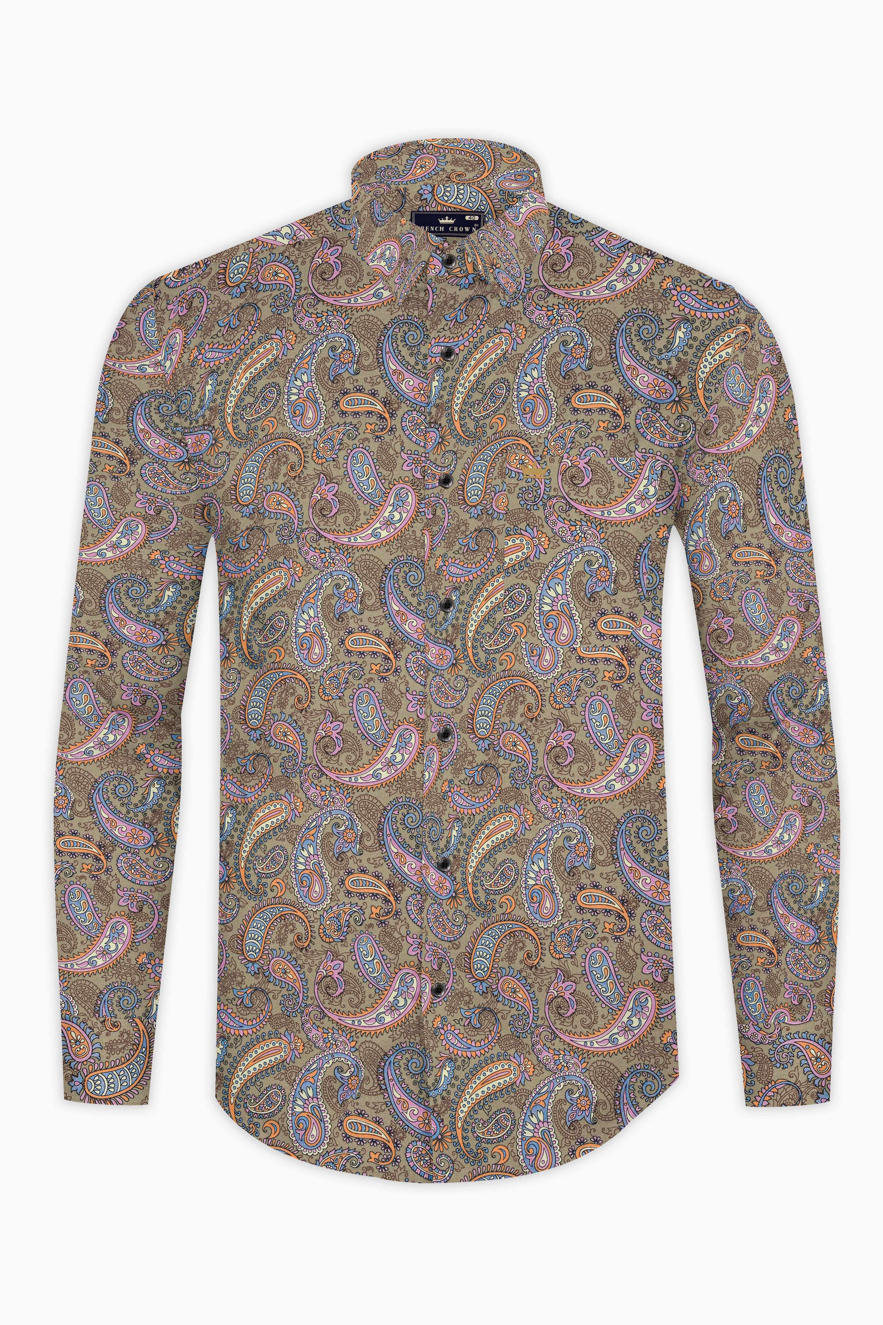 Tallow Cream with Wild Blue and Viola Pin Paisley Printed Super Soft Premium Cotton Shirt