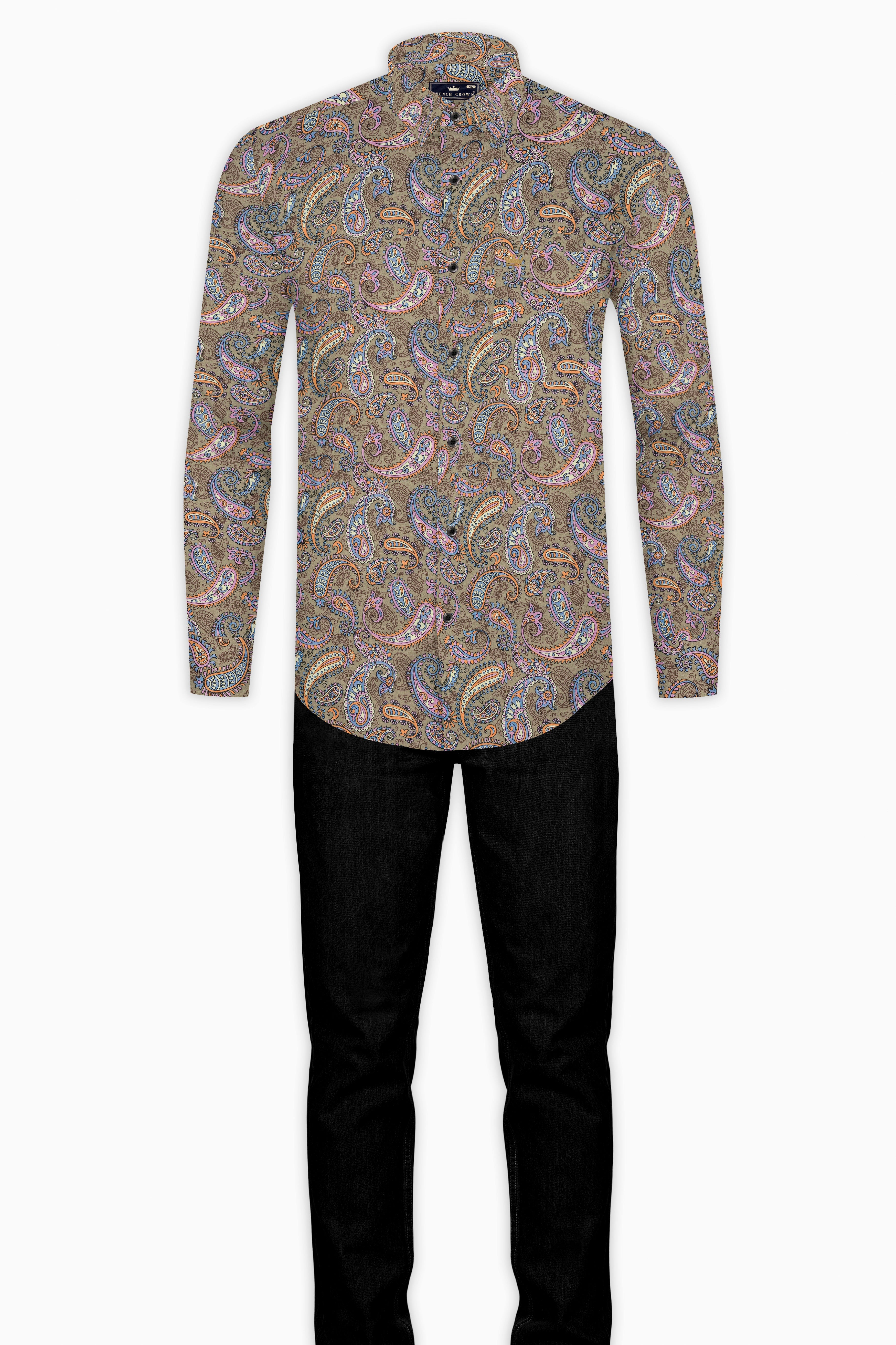 Tallow Cream with Wild Blue and Viola Pin Paisley Printed Super Soft Premium Cotton Shirt