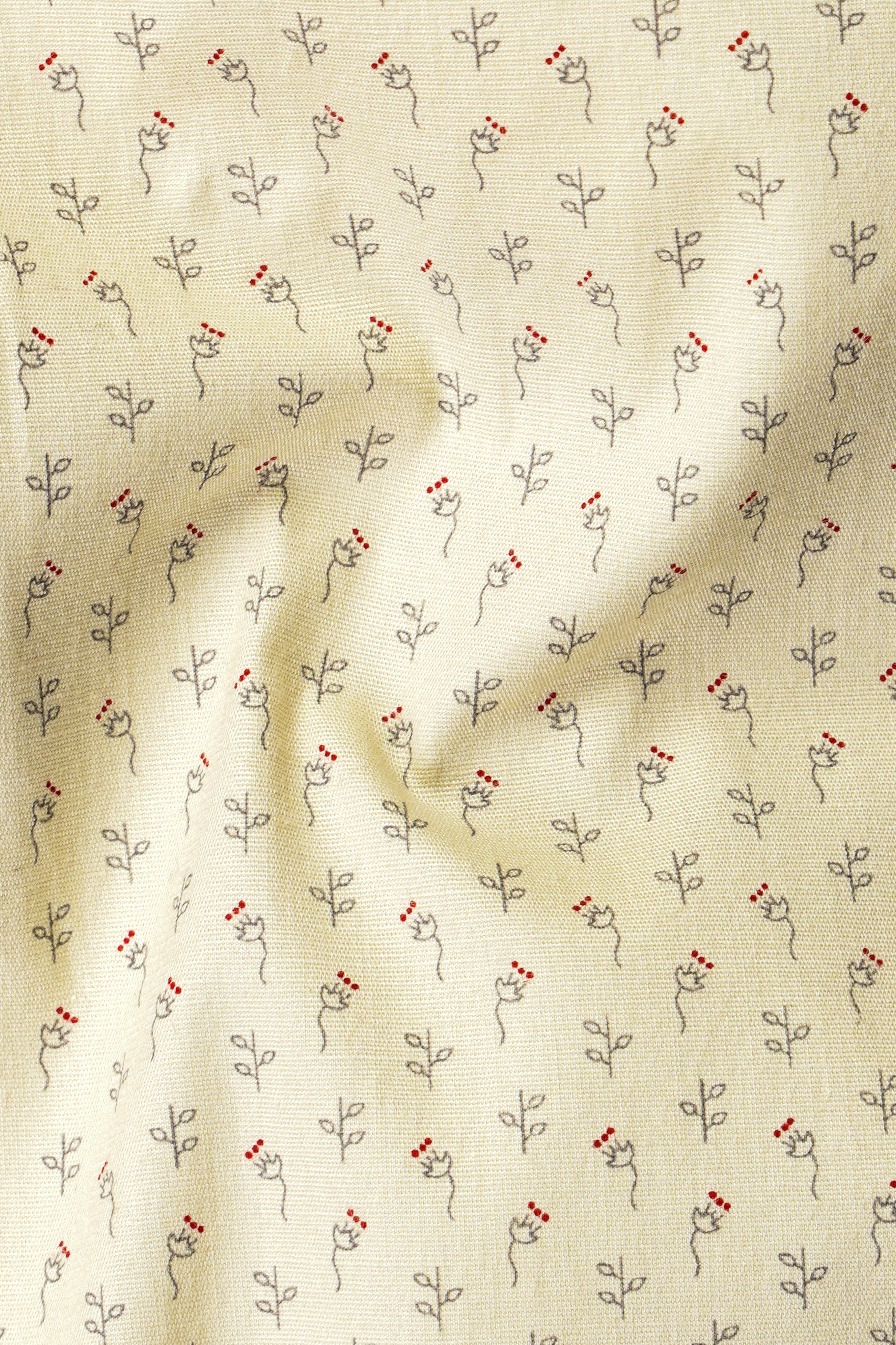 Bone Cream Mini Leaves Printed Poplin Giza Cotton Designer Shirt