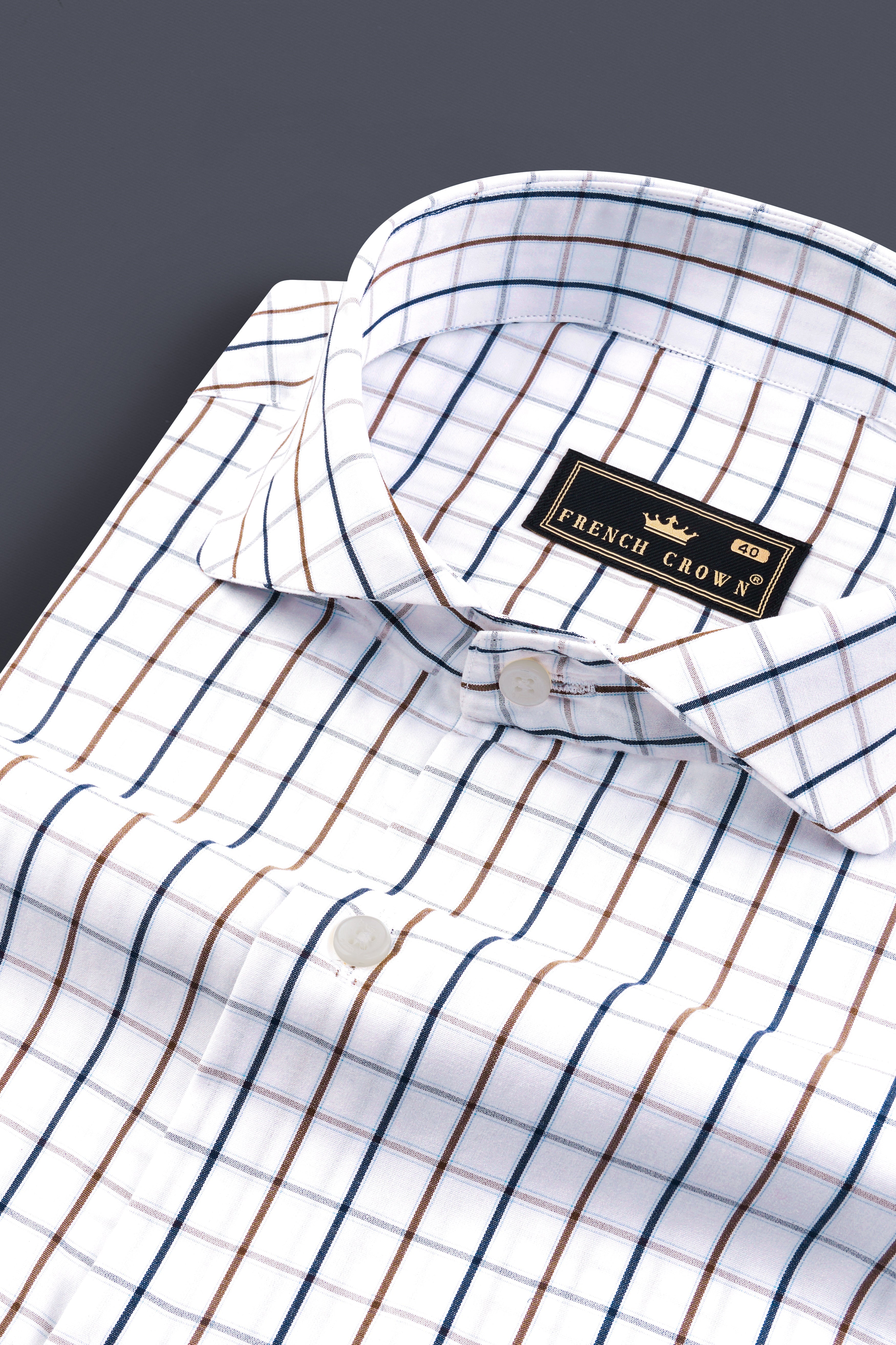 Bright White with Tealish Blue and Ironstone Brown Windowpane Giza Cotton Shirt