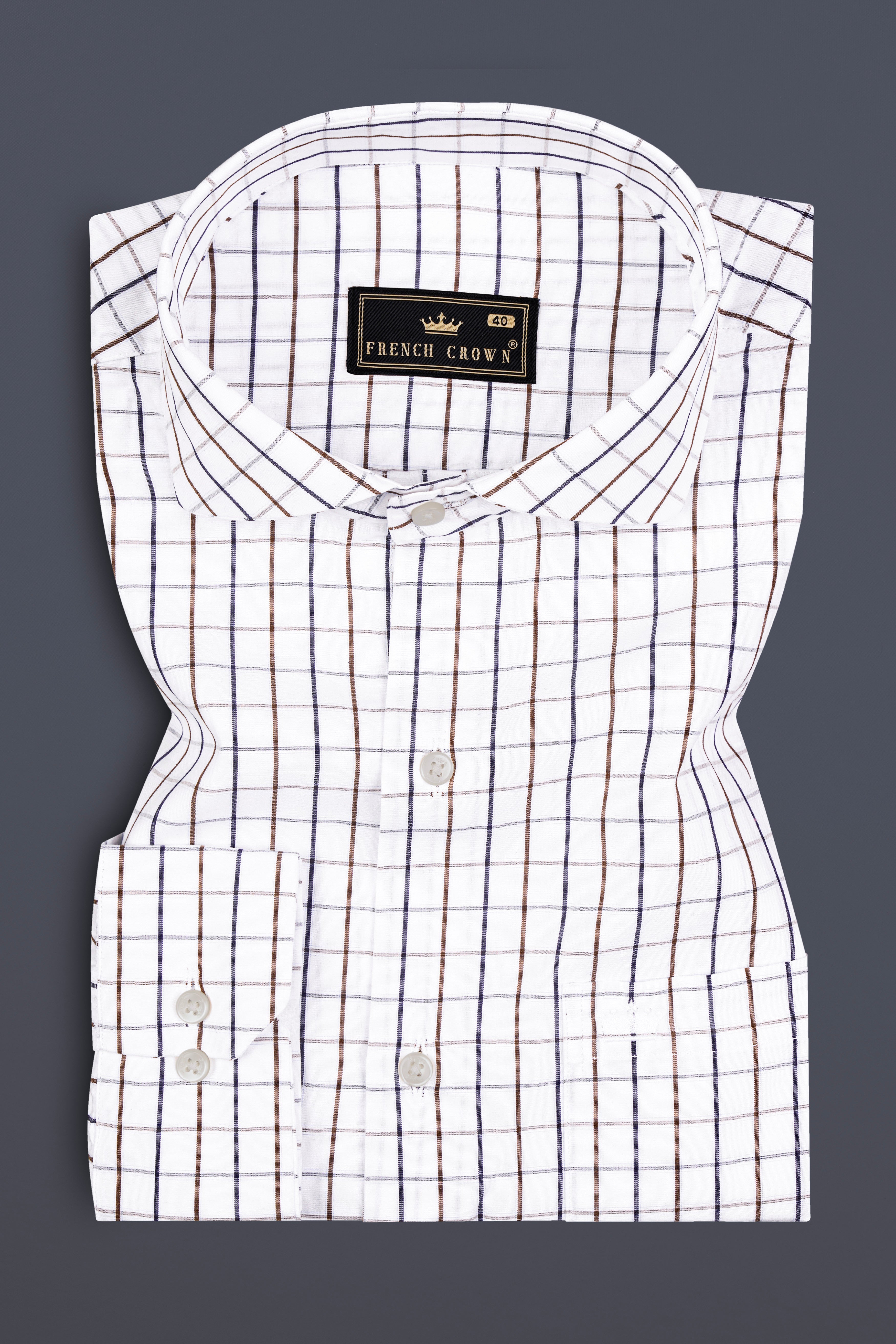 Bright White with Tealish Blue and Ironstone Brown Windowpane Giza Cotton Shirt