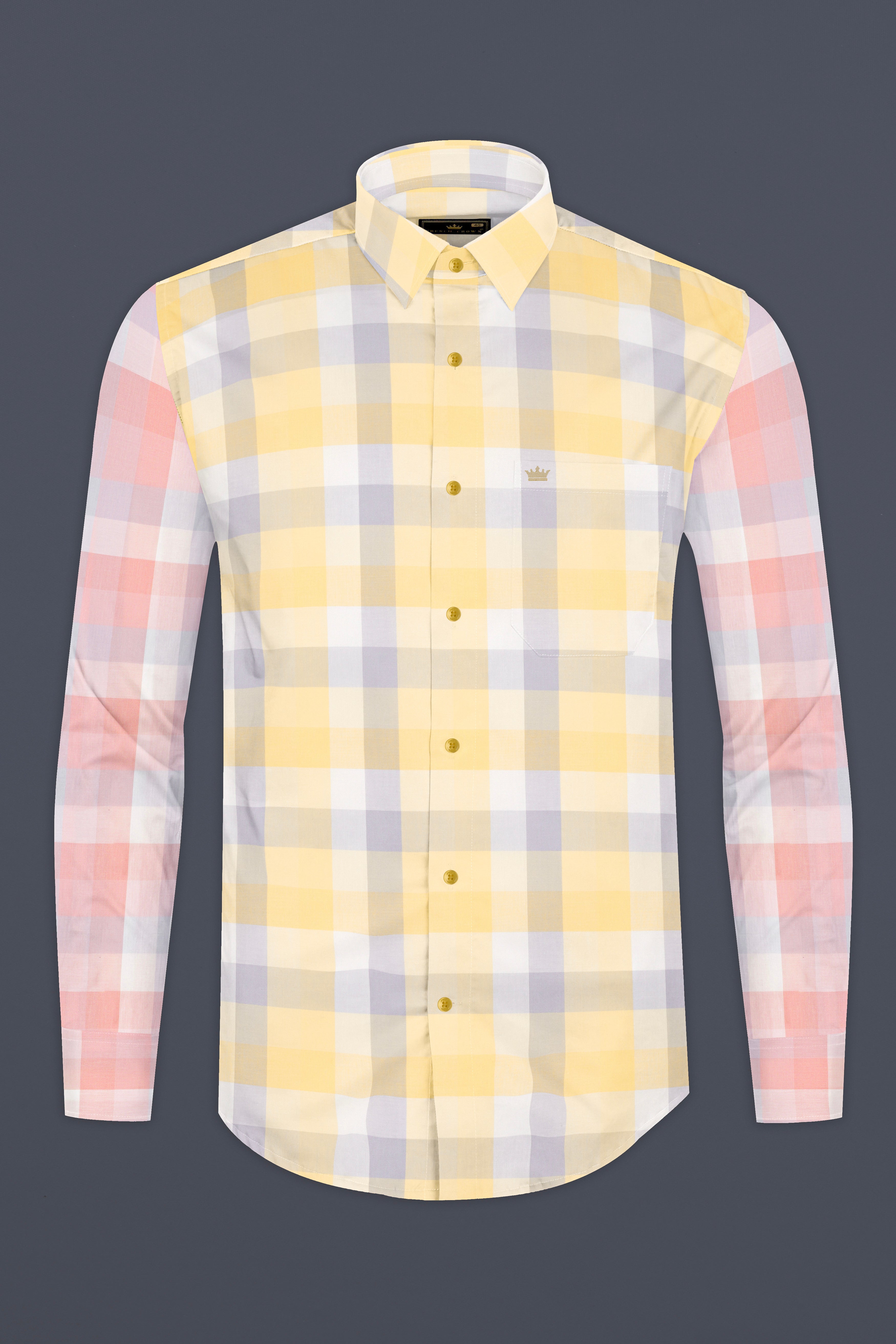 Tequila Yellow with Melon pink with Metallic Blue Plaid Giza Cotton Designer Shirt