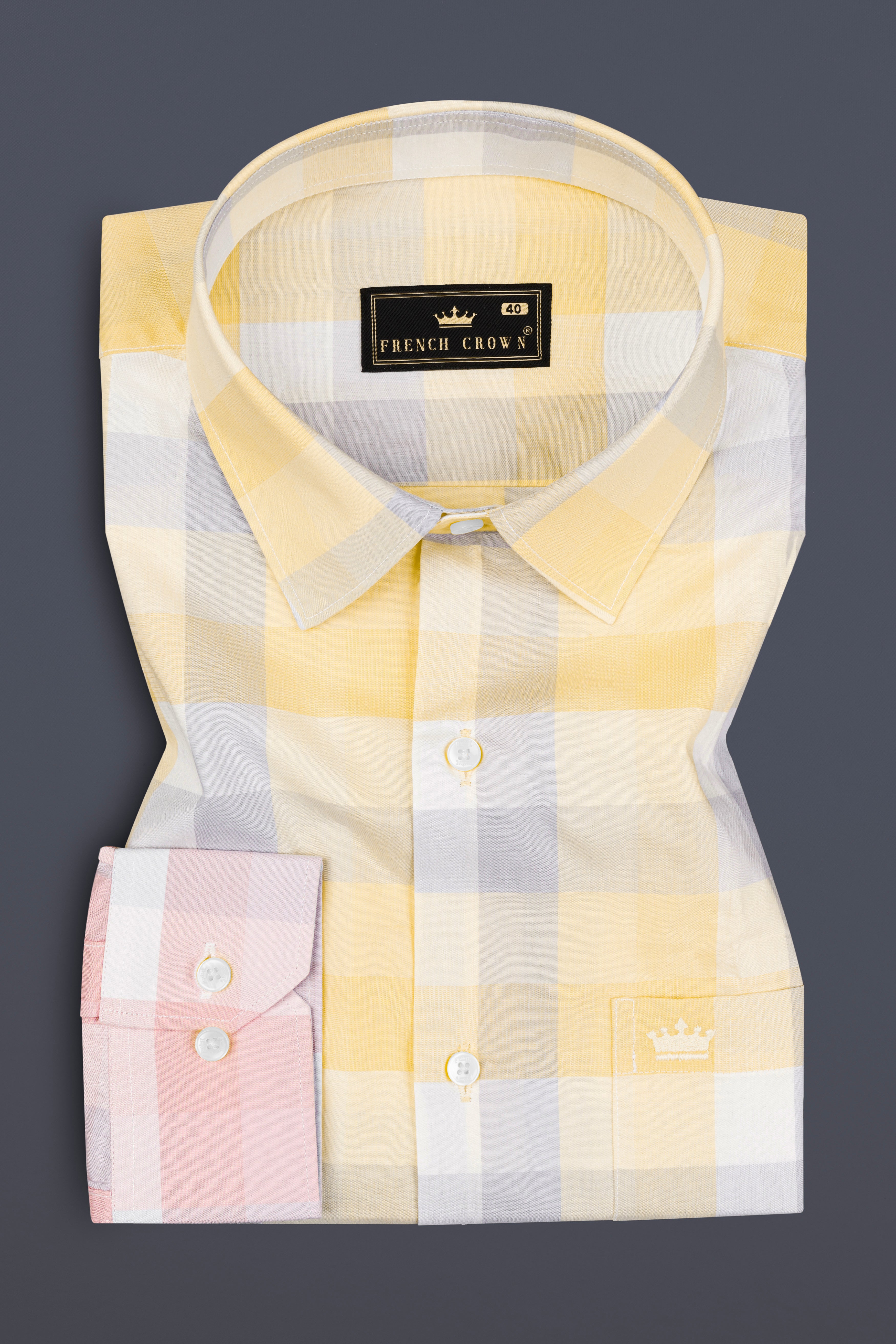 Tequila Yellow with Melon pink with Metallic Blue Plaid Giza Cotton Designer Shirt