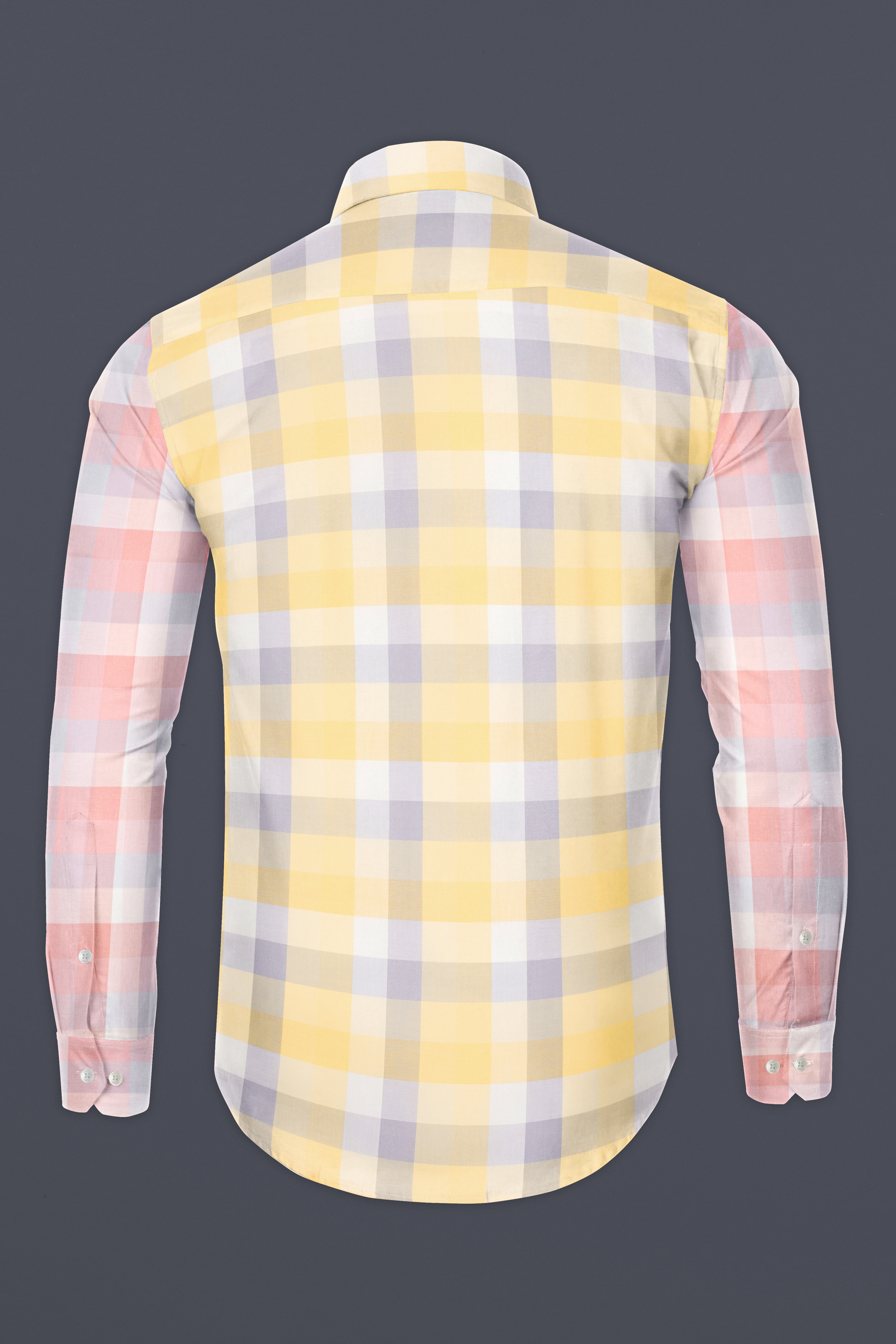 Tequila Yellow with Melon pink with Metallic Blue Plaid Giza Cotton Designer Shirt